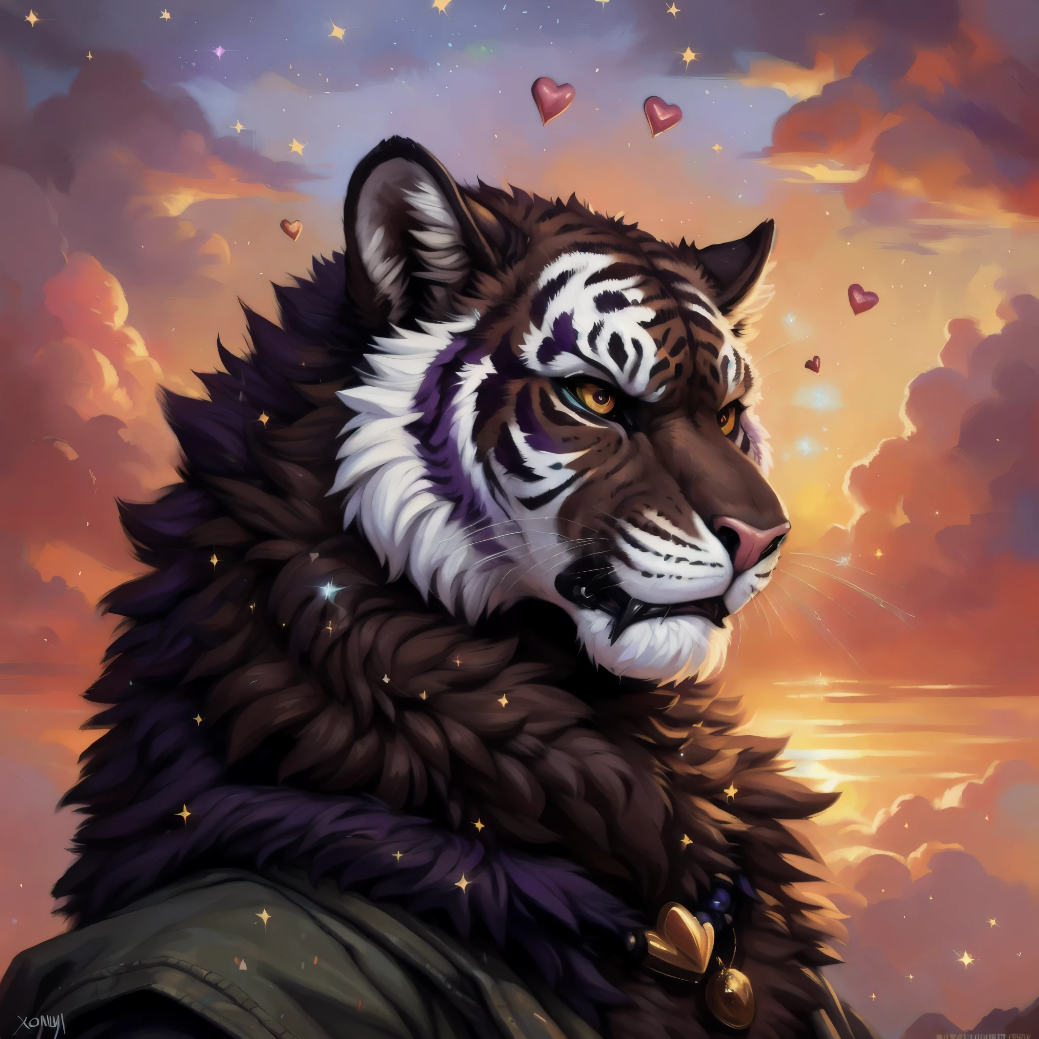 (beautiful head icon), [🐯🐅], (absurd res), ((ultra high resolution)), (((masterpiece quality))), (breathtaking painstakingly detailed background), (impressive lighting), (Sunset clouds), (floating hearts), ((sparkles)), confetti, sunlight beams, god rays, ⫷|⫸ by foxovh, by sligarthetiger, by cumbread, by gammainks, by seibear, by lollipopcon, by dizzyknight, by greasymojo, by xpray, by roly, by honovy, by taran fiddler, by kenket, by Bayard Wu, by Thomas Benjamin Kennington, by Duase, posted on e621, (sunset clouds), ((sparkles)), (floating hearts), food, confetti, cinematic lighting, ⫷|⫸ jewelry, necklace, bracelet, bodily accessories, ear accessory, arm accessory, neck accessory, (feet accessory), ⫷|⫸ (fuzzy furry body:1.6), long ears, ((fur pattern)), ((exotic mammal)), (raised tail), presenting face, [slightly chubby feral], ⫹|⫺ alone, male, large body, (black Siberian tiger), (dark brown fur:1.6), (striped fur:1.5), (dark purple stripes:1.5), ((interesting Fur Pattern)),oft puffy nosebridge, (big blocky snout), (((head close-up))), (professional photoshoot), dutch angle, 8k, uhd, | ⫹|⫺ filth, messy, (cape-like Trench coat), ((super cool action pose)), (feral:1.6), (angry face:1.5), (side view:1.4), (detailed face:1.4), ((close-up)), bust shot, ((detailed eyeballs)), (beautiful attractive pupils:1.4), (roar:1.4), (extreme close-up), full face of a black tiger, ((purple blushing)), (BROWN eyes, rainbow pupils), teeth,