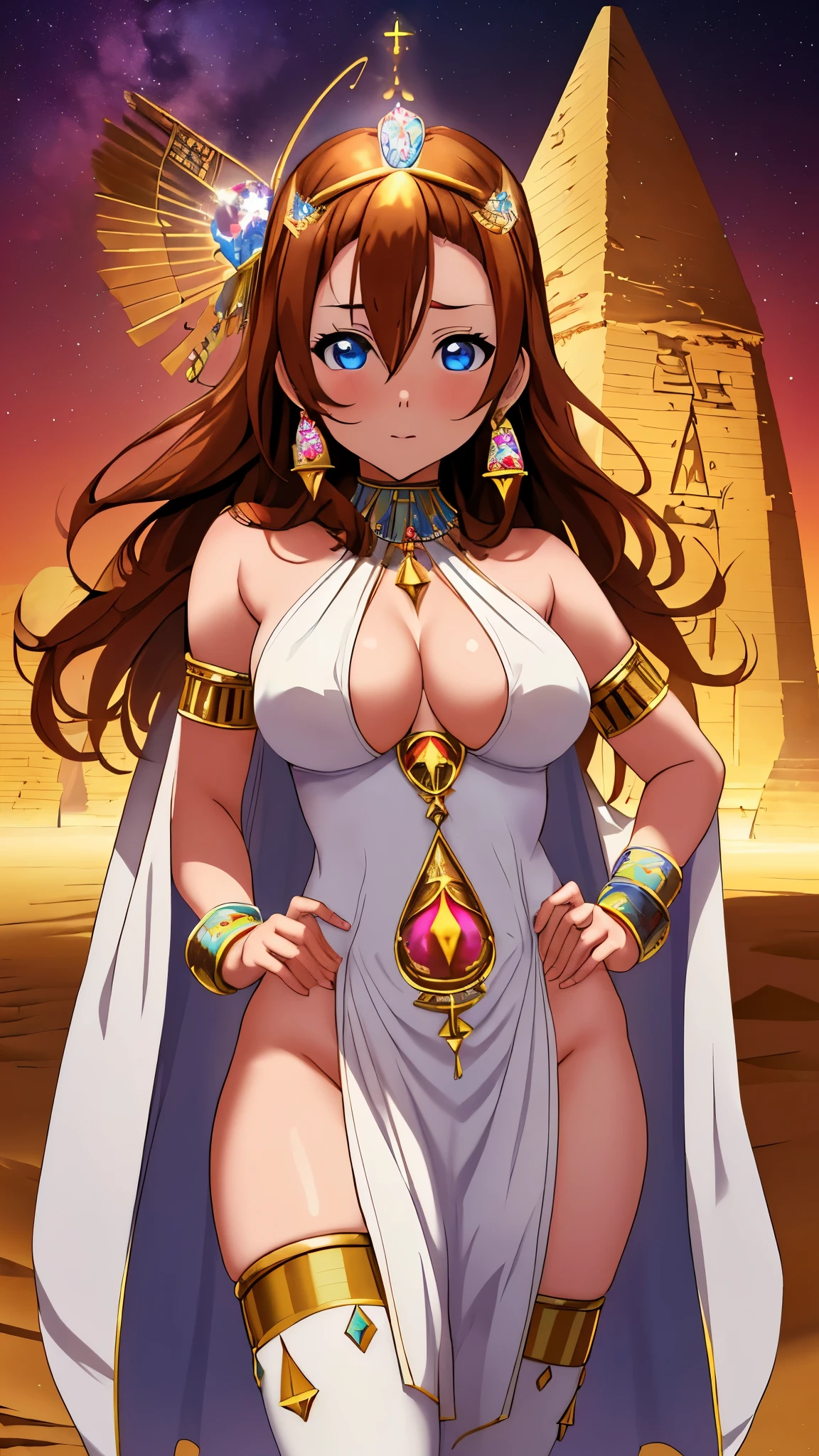 ((Masterpiece)), 8k wallpaper, kousaka honoka, blue eyes,skshonoka, beautiful urban female model,facial details,glowing eyes,detailed body part details,looking at viewer,(one hand on hip one hand on hair),thighs,navel, cleavage,(white Egyptian dress),tiara,in Egyptian desert,sun and pyramid in background.,((hourglass body:1.2))