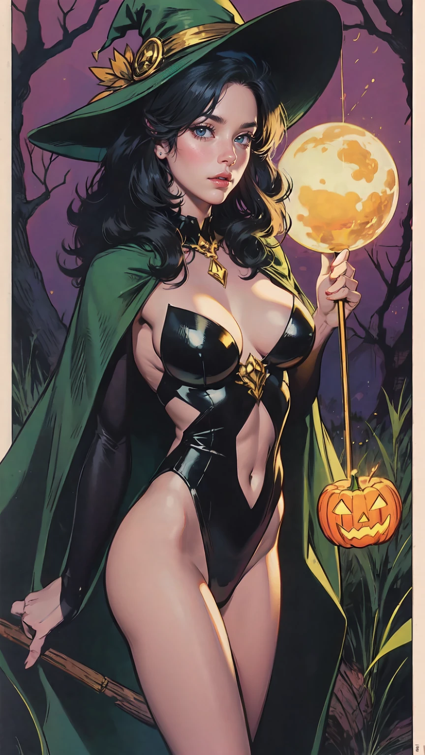 (a sexy witch,green hat,cleavage,halloween),oil painting, vivid colors,masterpiece:1.2,ultra-detailed, intense expression, flowing hair, enchanted forest, glowing moonlight,golden staff,spellbinding, ethereal beauty, dark lipstick,dramatic lighting,eye-catching, mysterious aura,spellbook,alpha female, seductive gaze, bewitching charm,dark fantasy,wisps of fog, enchanting atmosphere.