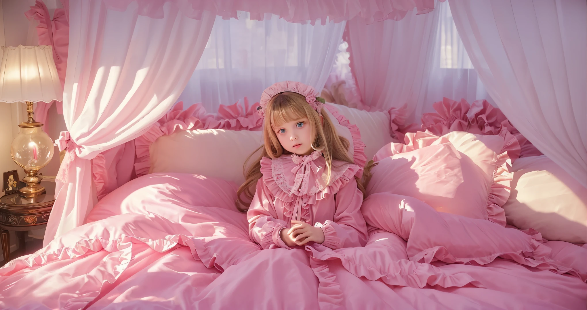 ,highest quality, masterpiece, highest resolution, artwork, super それにget used to it, many get used to it, get used to it, それにget used to it, 3K realistic photos,(( 10 year old girl)),Super detailed baby face,high quality small face,long blonde hair that grows to the waist,blue eyes,白い肌のeuropean,pajamas, european,(((super long blonde hair))),curly hair,blue eyes,((((ピンクのロリータファッションのlong skirtのワンピースドレス)))),((Pink nightgown with lots of frills and ribbons)),((Luxurious headdress with frills and ribbons)),detailed headdress,,(((big yoke collar))),Yoke collar with ruffles and ribbons,((((long sleeve)))),ruffle sleeves,((((long skirt)))),white ruffle and lace socks,large frill and ribbon pillow,(((Nice pink outfit))),豪華なcanopy bedの上,canopy bed,The bed is surrounded by luxurious curtains,many frilly pillows on the bed,There are many frilly pillows behind the girl.,super detailed background,detailed bed,soft pink comforter,Highly detailed soft ruffle pillow,Beautiful girl illustration,detailed beautiful face,fine hair,detailed eye ,detailed eyes,detailed mouth, arm details,fine hands,Detailed pillow,wide bed,Illustration on the bed, ,((((round futon)))),((((A large ruffled futon that covers the entire bed)))),detailed comforter,detailed bedシーツ,Before bedtime,romantic atmosphere,palace bedroom,((((The lower half of the body is completely covered by a large, bulging futon..)))) The girl is leaning on a pile of pillows, ,((((round futon)))),((((A large ruffled futon that covers the entire bed)))),