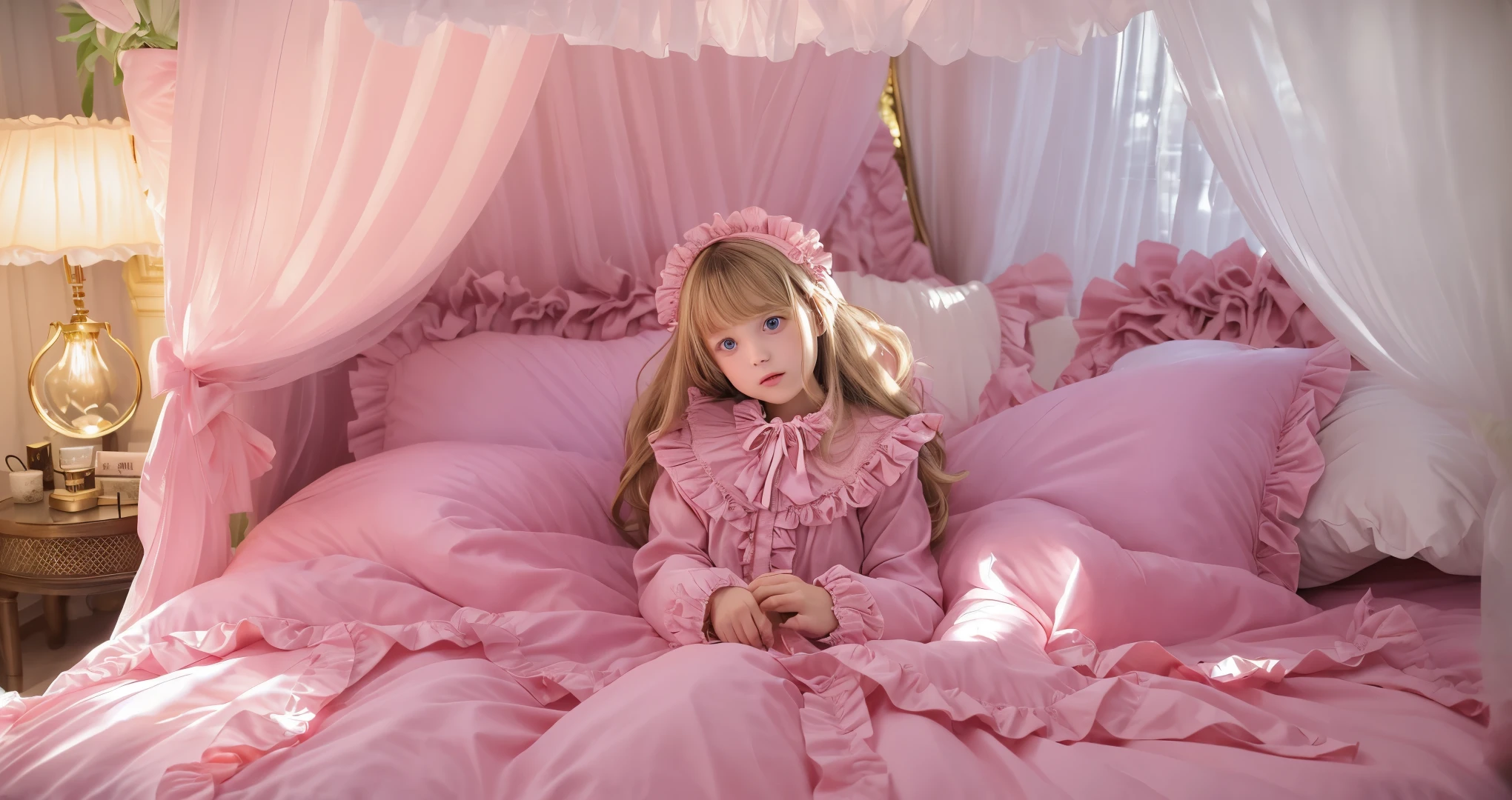 ,highest quality, masterpiece, highest resolution, artwork, super それにget used to it, many get used to it, get used to it, それにget used to it, 3K realistic photos,(( 10 year old girl)),Super detailed baby face,high quality small face,long blonde hair that grows to the waist,blue eyes,白い肌のeuropean,pajamas, european,(((super long blonde hair))),curly hair,blue eyes,((((ピンクのロリータファッションのlong skirtのワンピースドレス)))),((Pink nightgown with lots of frills and ribbons)),((Luxurious headdress with frills and ribbons)),detailed headdress,,(((big yoke collar))),Yoke collar with ruffles and ribbons,((((long sleeve)))),ruffle sleeves,((((long skirt)))),white ruffle and lace socks,large frill and ribbon pillow,(((Nice pink outfit))),豪華なcanopy bedの上,canopy bed,The bed is surrounded by luxurious curtains,many frilly pillows on the bed,There are many frilly pillows behind the girl.,super detailed background,detailed bed,soft pink comforter,Highly detailed soft ruffle pillow,Beautiful girl illustration,detailed beautiful face,fine hair,detailed eye ,detailed eyes,detailed mouth, arm details,fine hands,Detailed pillow,wide bed,Illustration on the bed, ,((((round futon)))),((((A large ruffled futon that covers the entire bed)))),detailed comforter,detailed bedシーツ,Before bedtime,romantic atmosphere,palace bedroom,((((The lower half of the body is completely covered by a large, bulging futon..)))) The girl is leaning on a pile of pillows, ,((((round futon)))),((((A large ruffled futon that covers the entire bed)))),