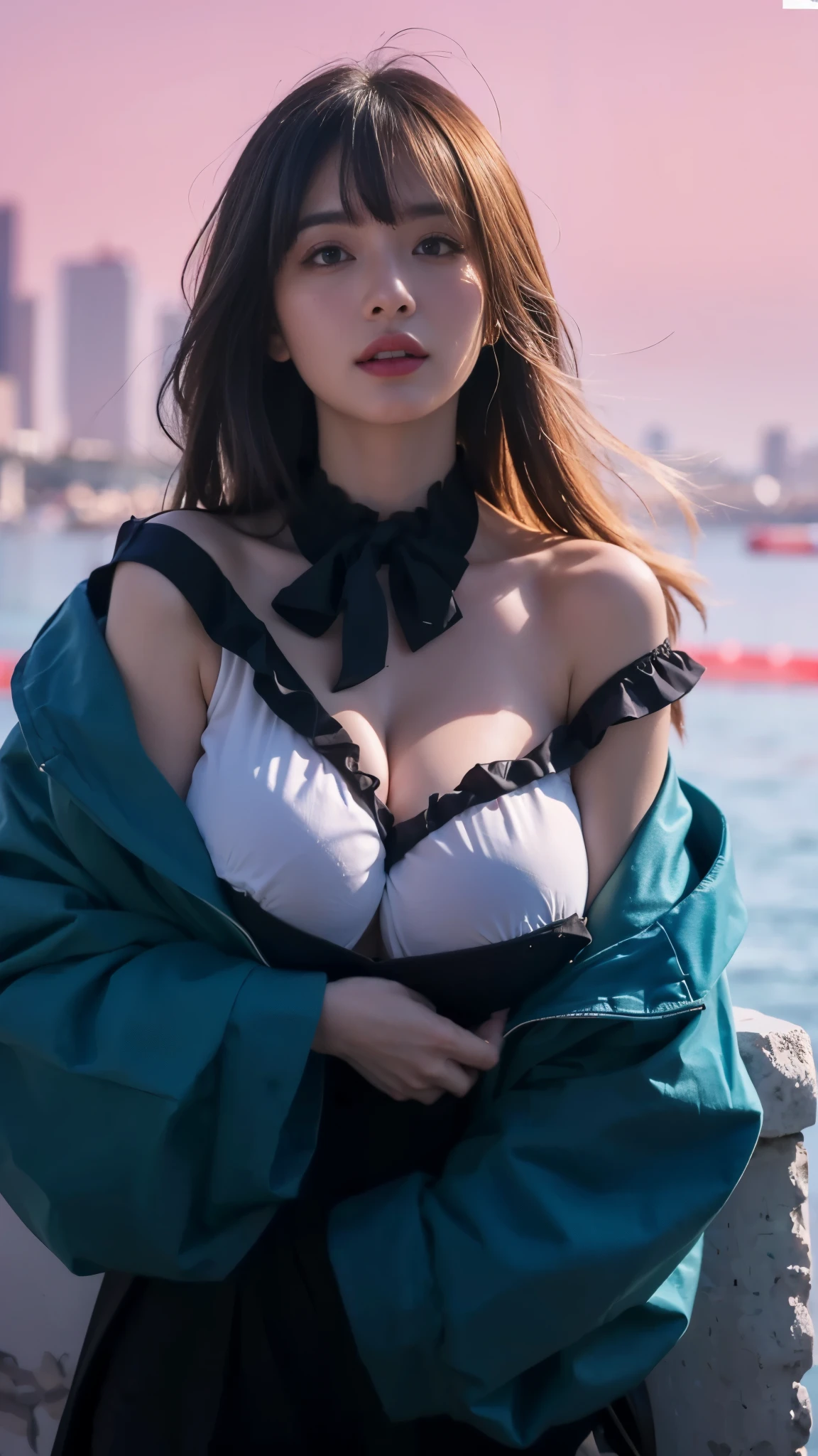 (Beautiful mature woman:1.2) (bold make-up) (sexy body) (gigantic breast:1.2) deep (High quality) HD, super detail, high details, high quality, award winning, best quality, highres, 1080P, HD, 16k, big tits , round tits, hanging tits, deep cleavage, open cleavage, cleavage, (tan skin:1.2) wear Off-the-shoulder ruffle blouse (bangs hair)