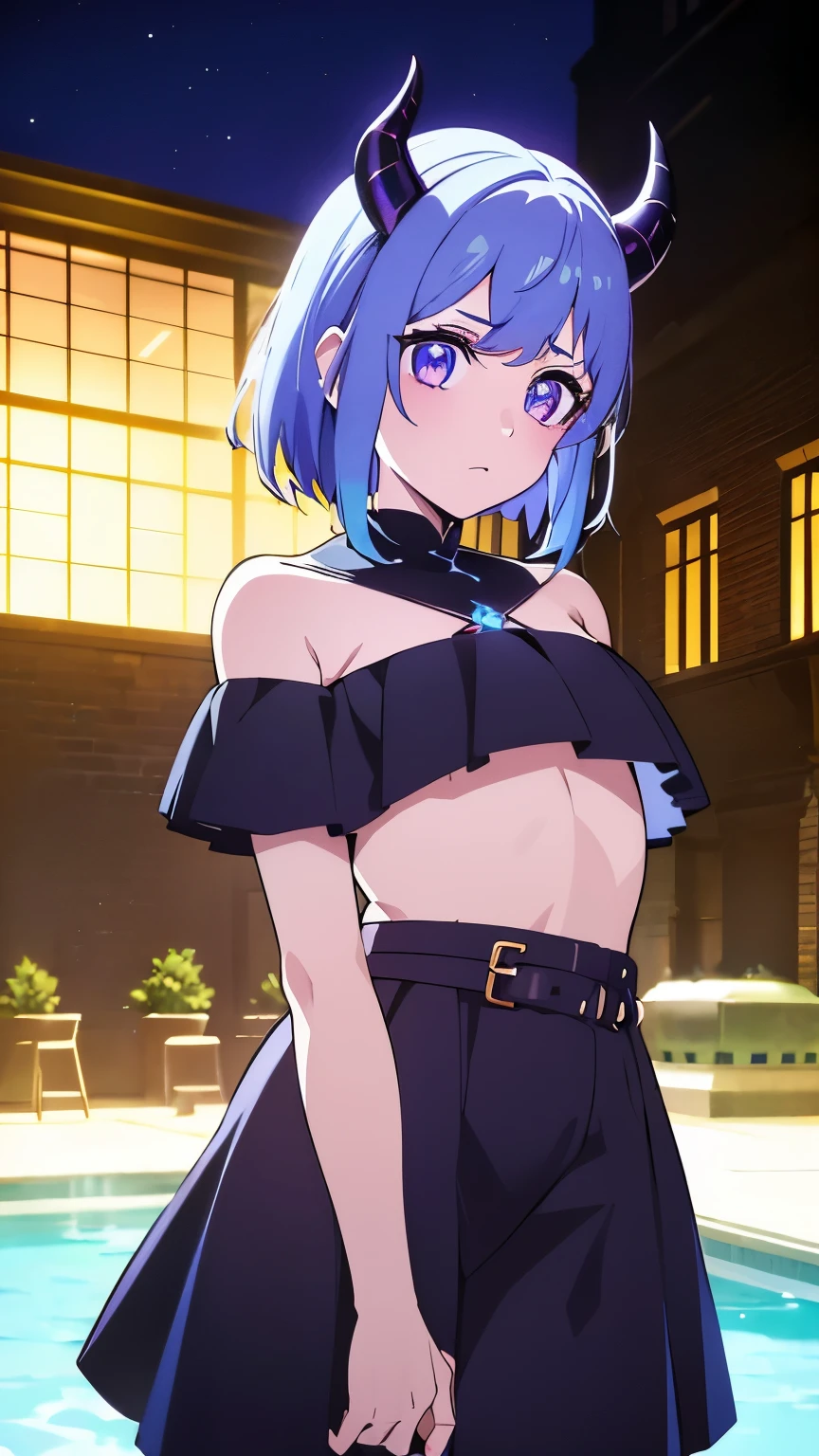1 girl ,(big Stigmata), non binary, androgynous, School courtyard, (floating hair), ((in courtyard fountain)), character focus, ((black light)),((dark lighting)), cinematic lighting ,(darkness), (concept art), ((innocent face)), blue short straight hair, light blue hair color, dragonoid girl, short, short blue hairy, glowing bluish-purple horns, bluey-purple eye color, (glowing eyes), high resolution,(incredibly absurdres) ,extremely detailed CG unity 8k wallpaper, ((masterpiece)), ((top-quality)), (beautiful illustration), ((an extremely delicate and beautiful)), (masterpiece, Best quality, ultra high resolution), 1 girl, pale skin, Black Crown, purple eyes, Luminous_eyes, neon blue eyes, ultra detailed eyes, Beautiful and detailed face, detailed eyes, (Centered, torso), (wide shot:0.9), facing the viewer, Eye level, flat chested, flat chest, cup size AAA, Wearing black cargo shorts, sharp horns, blue horns on top of head,