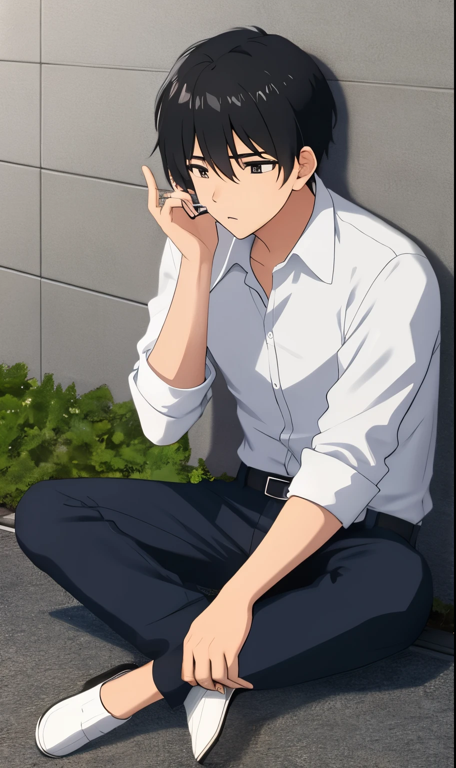 1 boy, sitting, leaning against the wall, smoking, black hair, depressed