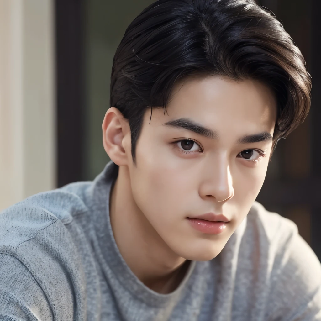 The boy has dark hair and striking features similar to those of Chan Eun Woo. His eyes glimmer with intelligence and mischief. His build is lean and muscular, with a toned physique that hints at a life of physical activity. He has a clear and radiant complexion, giving him an air of youth and vitality. His sense of style is immaculate, with a modern and sophisticated look. He carries himself with confidence and a playful spirit.The boy has jet-black hair and almond-shaped eyes, framed by thick, arched eyebrows similar to those of Chan eun woo. His eyes gleam with intelligence and mischief, suggesting a sharp mind and a playful personality. His skin glows with a healthy, golden hue and his features are perfectly proportioned, giving him an almost ethereal beauty