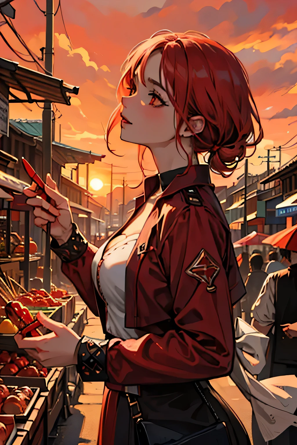 A woman holding a dagger in her hand in a market looking up at the blood red sky