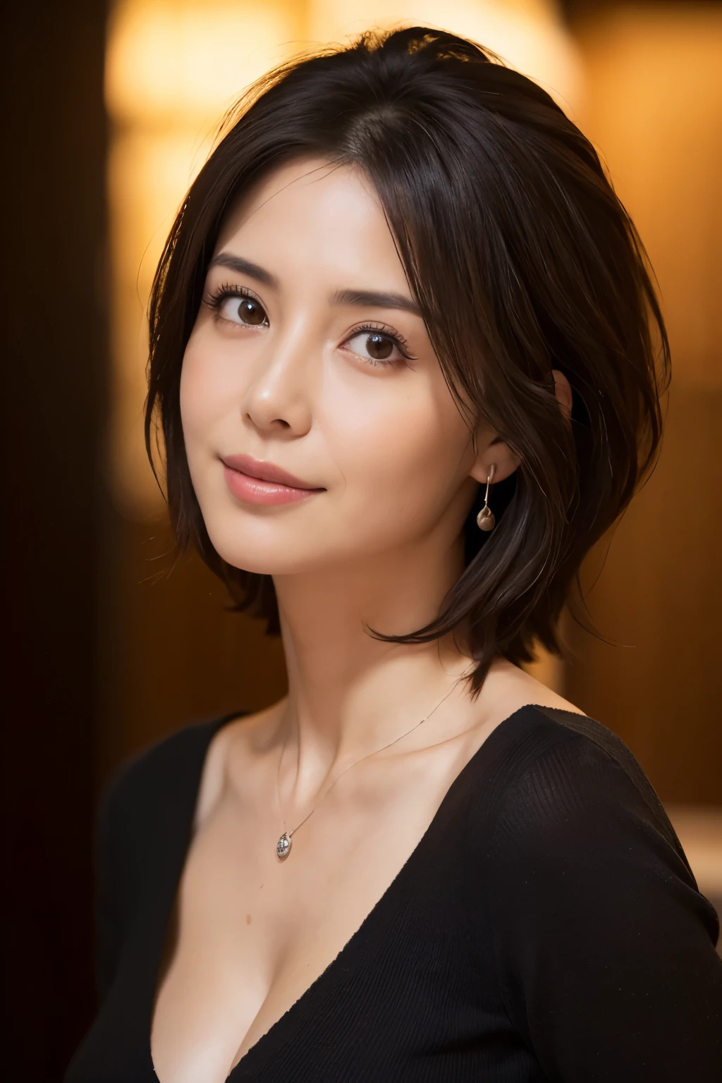 (In 8K, highest quality, masterpiece:1.2), (realistic, Photoreal:1.37), super detailed, Natural light, medium chest, I can see the cleavage, 1 person, 35 year old female, black hair, short hair, (Look up at the viewer from below), pendant, Light yellow light knit V-neck shirt, At the time of the performance, highly detailed face and skin, detailed eye, highly detailed face and skin
