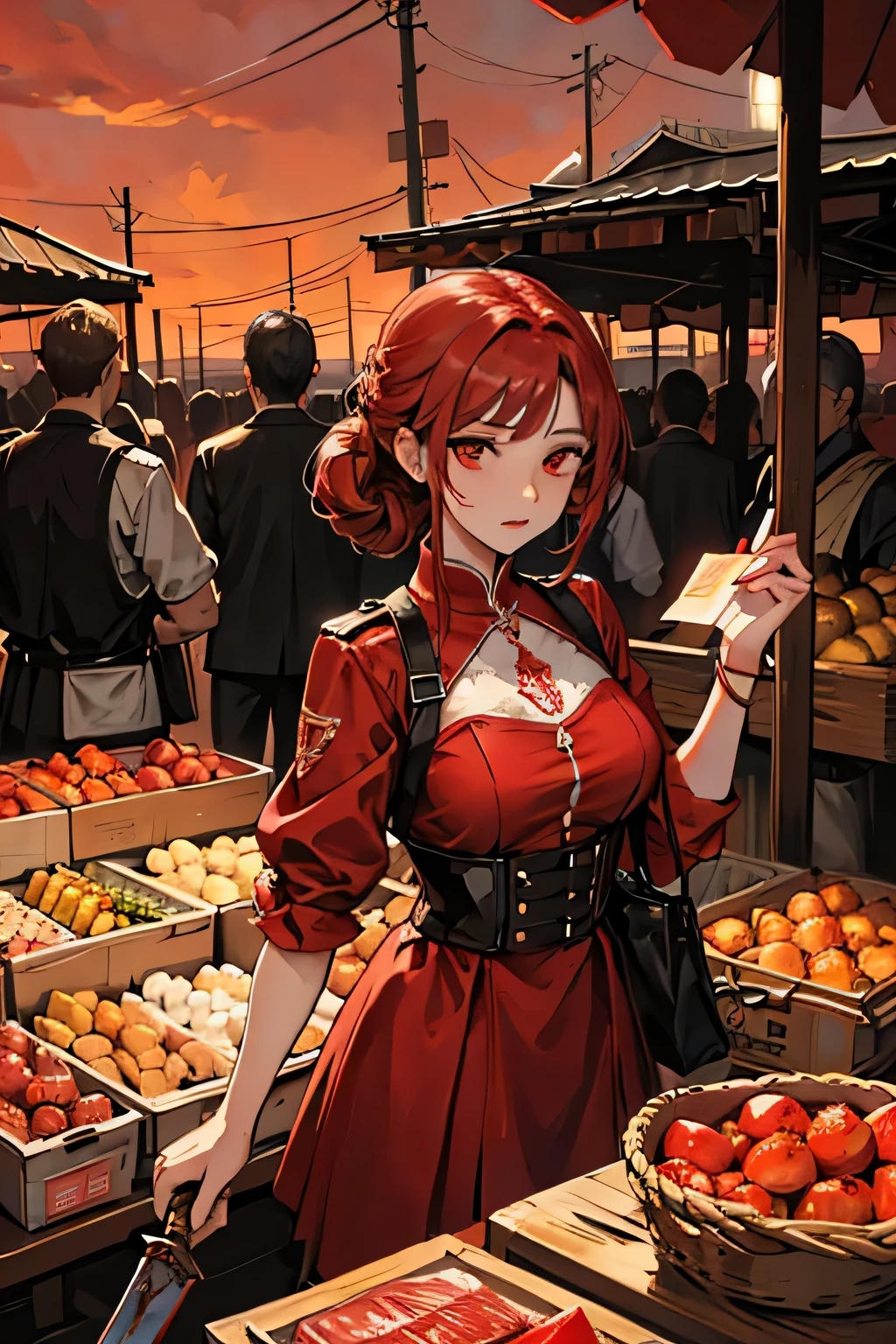 A woman holding a dagger looking up at the blood red sky in a market, with her companions