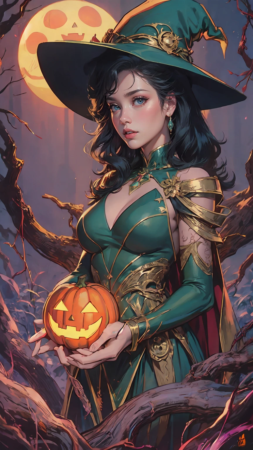 (a sexy witch,green hat,cleavage,halloween),oil painting, vivid colors,masterpiece:1.2,ultra-detailed, intense expression, flowing hair, enchanted forest, glowing moonlight,golden staff,spellbinding, ethereal beauty, dark lipstick,dramatic lighting,eye-catching, mysterious aura,spellbook,alpha female, seductive gaze, bewitching charm,dark fantasy,wisps of fog, enchanting atmosphere.