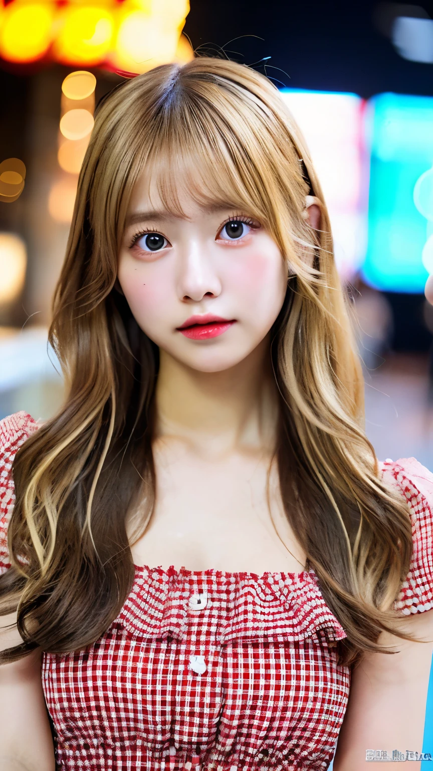 ((highest quality)), ((masterpiece)), (be familiar with), ((master piece: ultra high resolution))、((High quality))、((Super realistic))、(realistic face)、perfect hands、transparent skin、kind face,super long hair、shiny hair、blonde、girl gentle eyes、((red gingham dress))、Default、whole body、idol costume: 1:1、cosplay costume、beautiful fingers、highest quality、photorealistic、professional lighting、Physically based rendering、Big eyes、very cute、beautiful eyes details、japanese idol、slender、thin legs ,join hands
