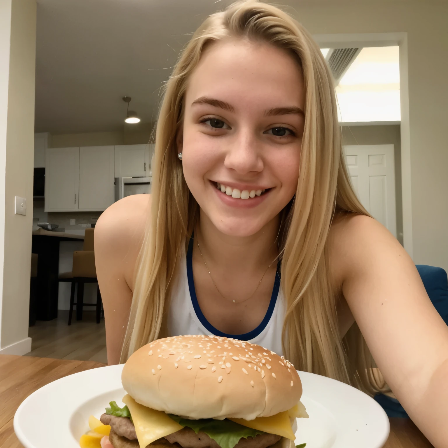 selfie of 18 years old girl, home, long blonde hair, pale skin, smiling, athletic body, comiendo una hamburguesa con cara de sorprendida,