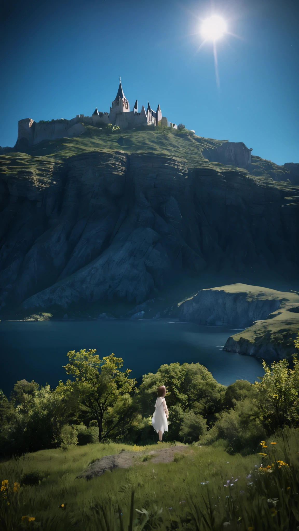 a person standing on top of a hill with a castle in the background, square enix cinematic art, akihiko yoshida. unreal engine, shadowbringers cinematic, final fantasy vll world concept, whitesmith, promotional images, background in a cinematic, still from a fantasy movie, final fantasy 1 4 screenshot, video game screenshot, matte painting unreal engine