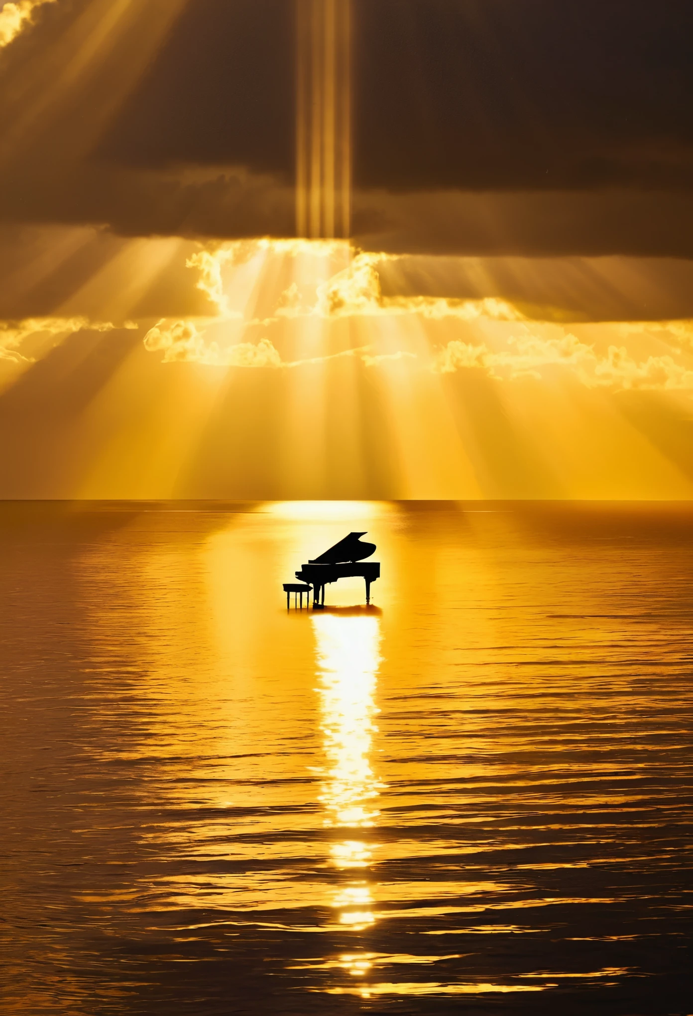 a dark sky with a light shining through it, in the style of romantic seascapes, light brown and gold, flickr, god rays, associated press photo, jan van ravesteyn, dark yellow and silver,There is a piano on the small island in the center of the sea