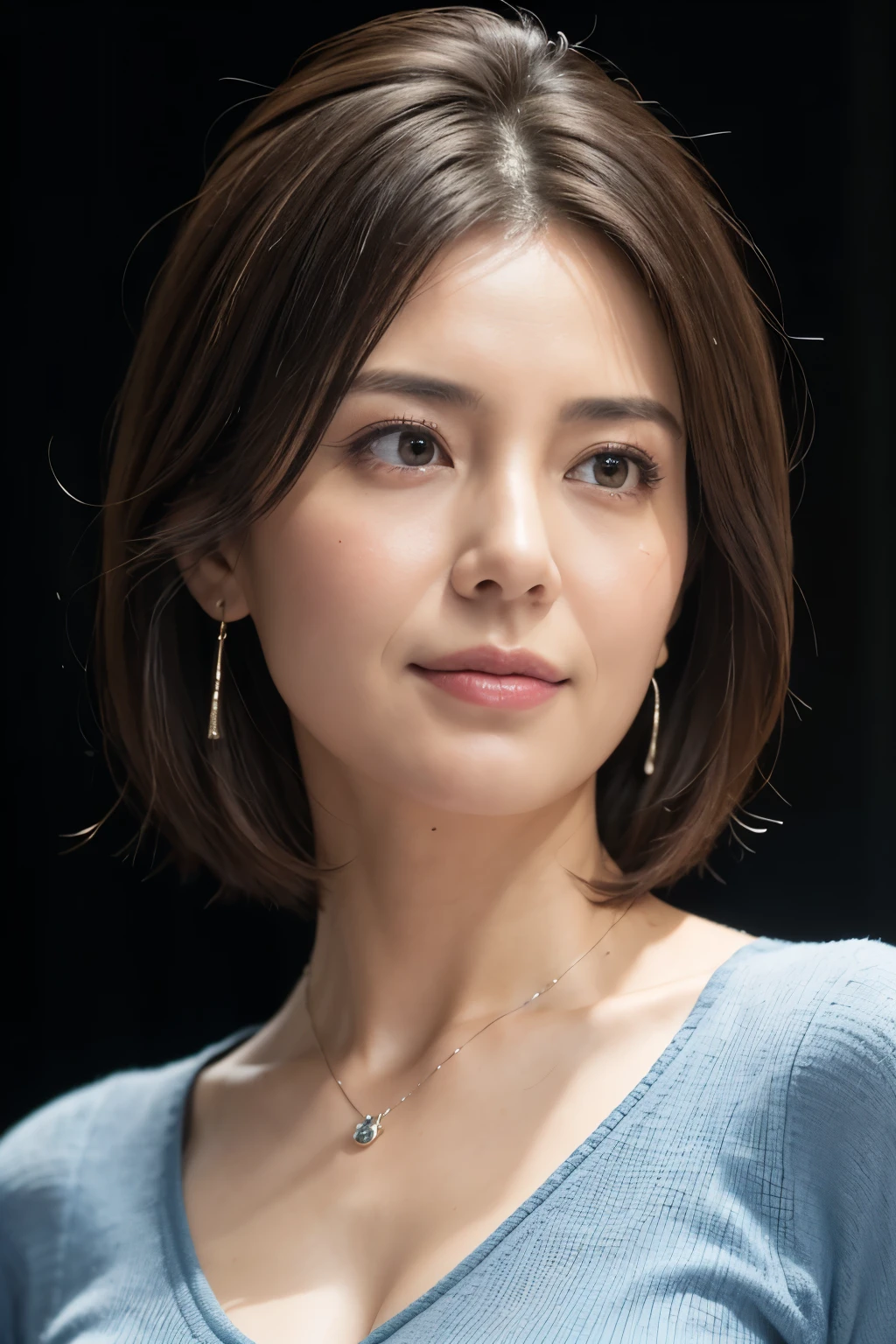 (In 8K, highest quality, masterpiece:1.2), (realistic, Photoreal:1.37), super detailed, Natural light, medium chest, I can see the cleavage, 1 person, 35 year old female, black hair, short hair, (Look up at the viewer from below), pendant, Light blue light knit V-neck shirt, At the time of the performance, highly detailed face and skin, detailed eye, highly detailed face and skin