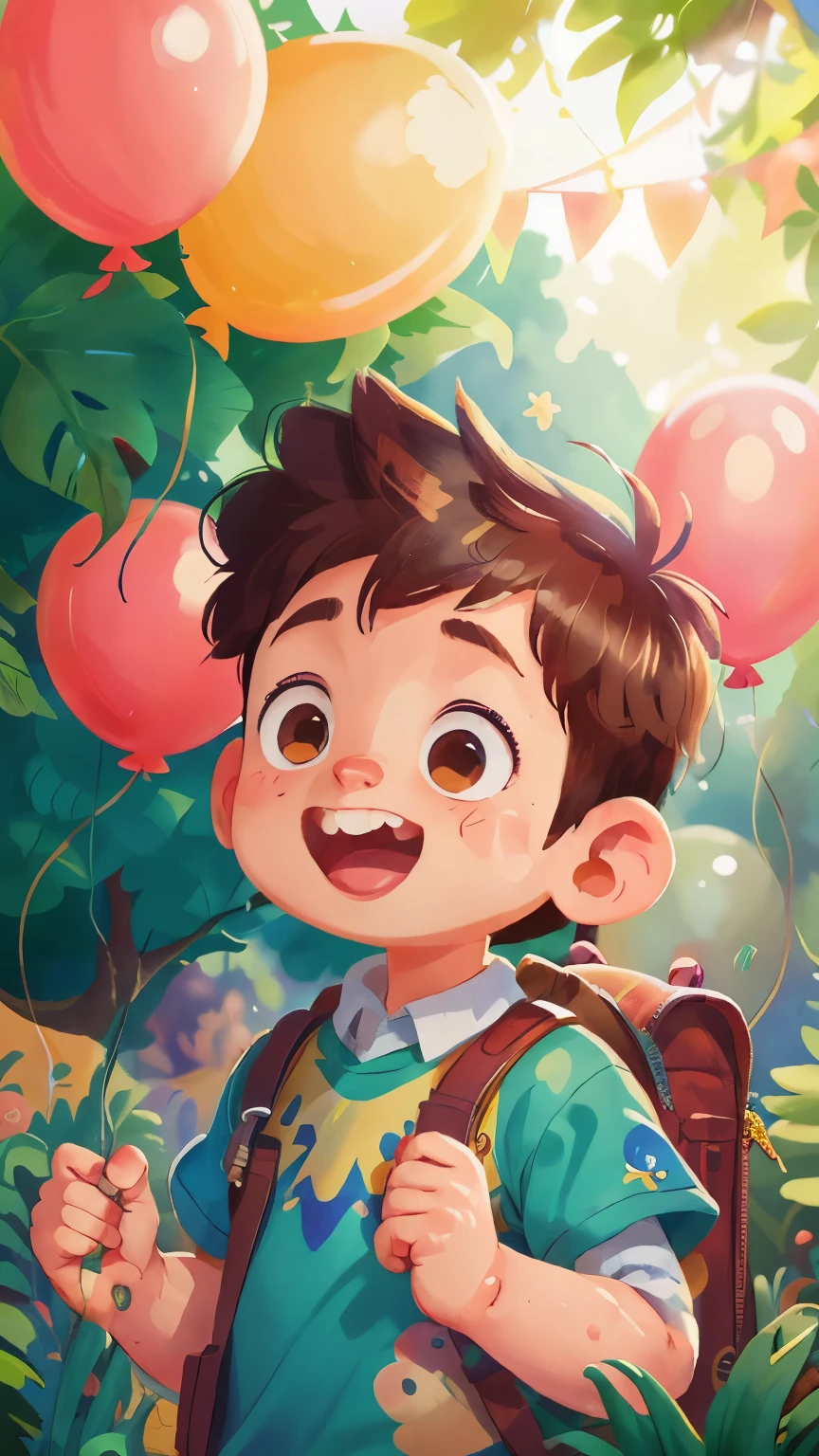 A boy, zoo, many balloons, happy, happy, perfect quality, clear focus (clutter - home: 0.8), (masterpiece: 1.2) (realistic: 1.2) (bokeh) (best quality) (detailed skin: 1.3) (intricate details) (8K) (detail eyes) (sharp focus), (happy)