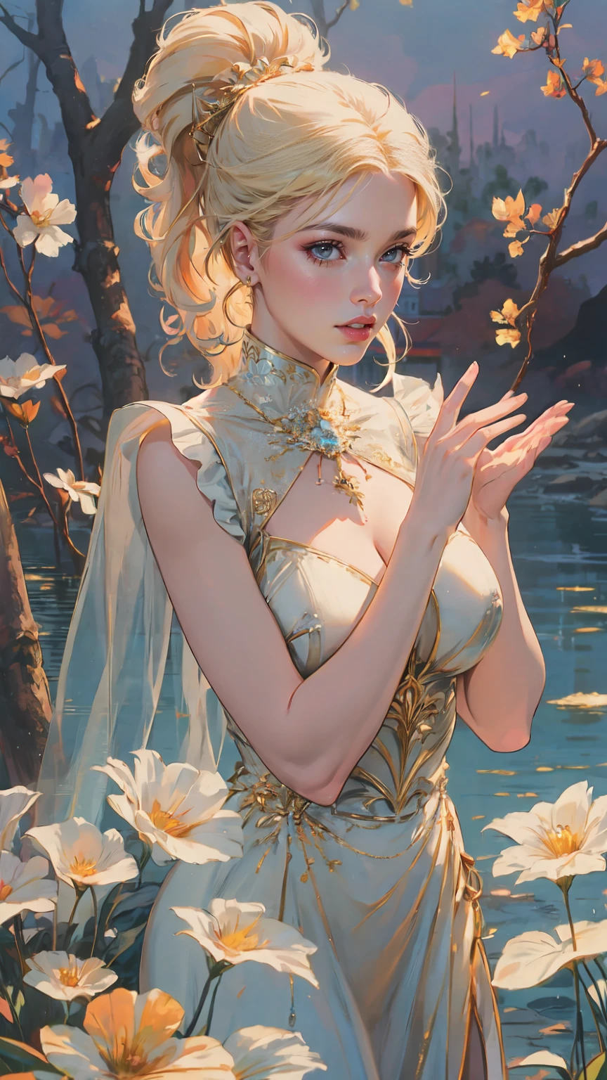 NSFW, oil painting, elsa from the movie frozen lying on roses, view from above, full body portrait, perky breasts, erect , large areola, hairless , sexy, smiling face, volumetric lighting