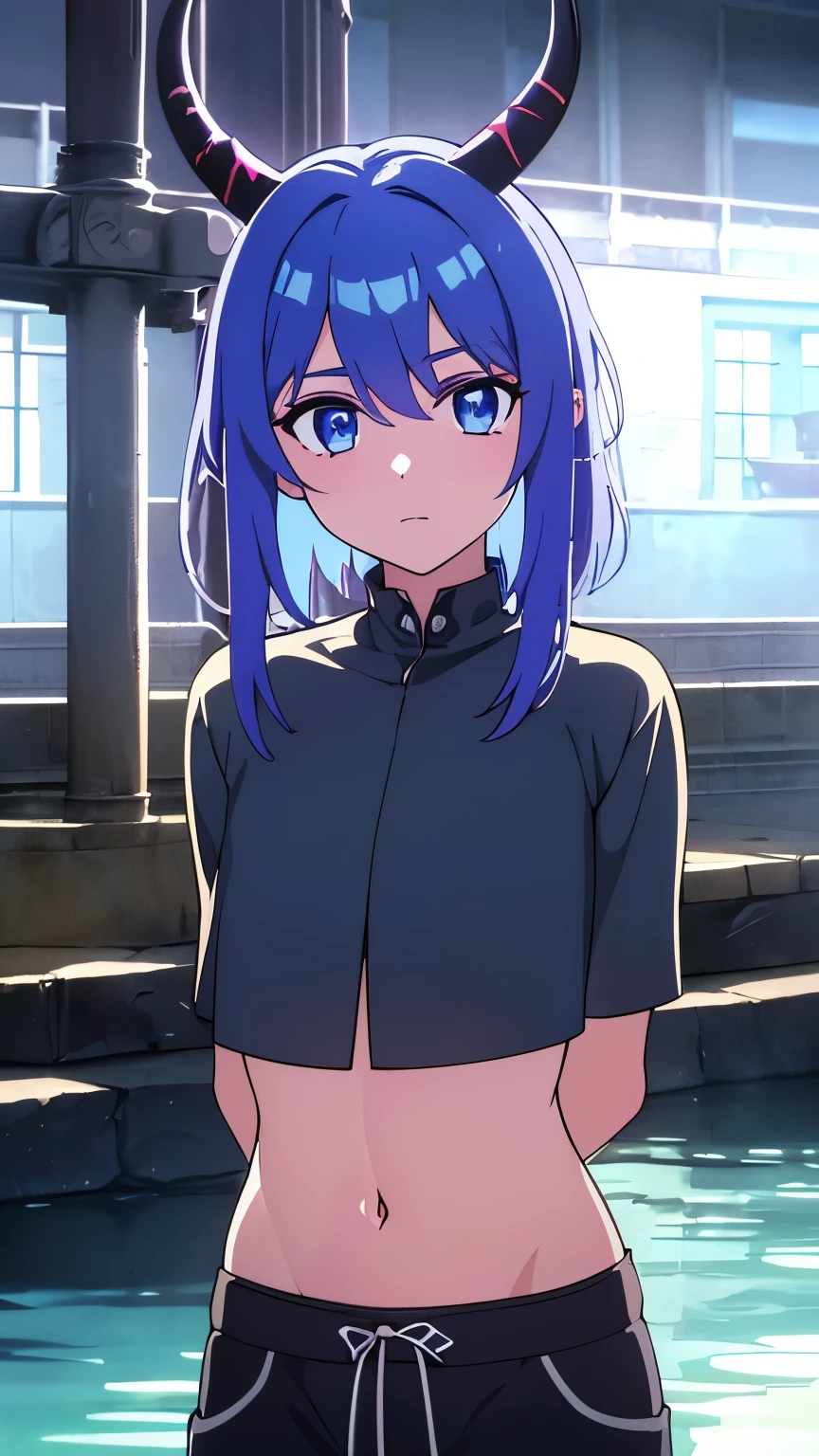 1 girl ,(big Stigmata), non binary, androgynous, School courtyard, (floating hair), ((in courtyard fountain)), character focus, ((black light)),((dark lighting)), cinematic lighting ,(darkness), (concept art), ((innocent face)), blue short straight hair, light blue hair color, dragonoid girl, short, short blue hairy, glowing bluish-purple horns, bluey-purple eye color, (glowing eyes), high resolution,(incredibly absurdres) ,extremely detailed CG unity 8k wallpaper, ((masterpiece)), ((top-quality)), (beautiful illustration), ((an extremely delicate and beautiful)), (masterpiece, Best quality, ultra high resolution), 1 girl, pale skin, Black Crown, purple eyes, Luminous_eyes, neon blue eyes, ultra detailed eyes, Beautiful and detailed face, detailed eyes, (Centered, torso), (wide shot:0.9), facing the viewer, Eye level, flat chested, flat chest, cup size AAA, Wearing black cargo shorts, sharp horns, blue horns on top of head,