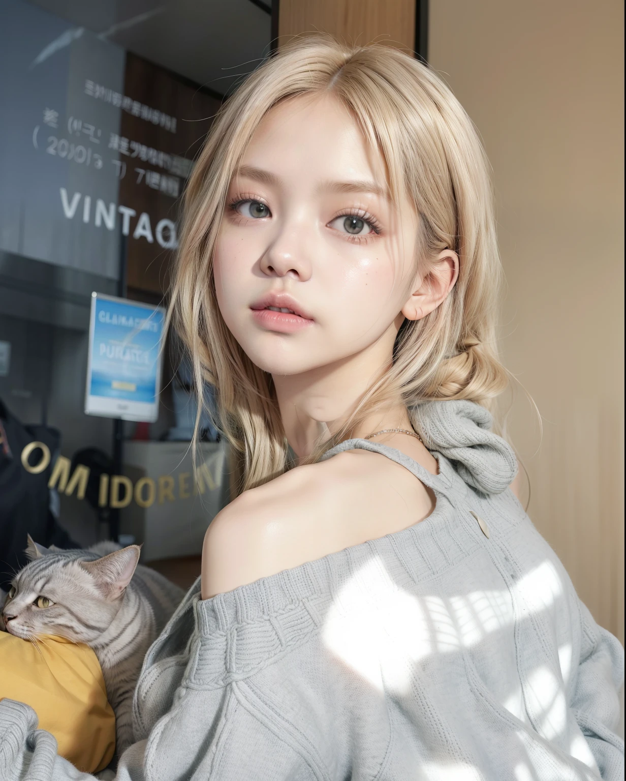 Blonde woman in a gray sweater and a gray cat on her arm., parque roseanne de blackpink, Lalisa Manobal, sakimichan, shikami, heonhwa choe, Lalisa Manoban de Blackpink, jinyoung shin, ulzzang, cl, imagen filtrada, Jennie rosa negra, retrato de jossi de blackpink