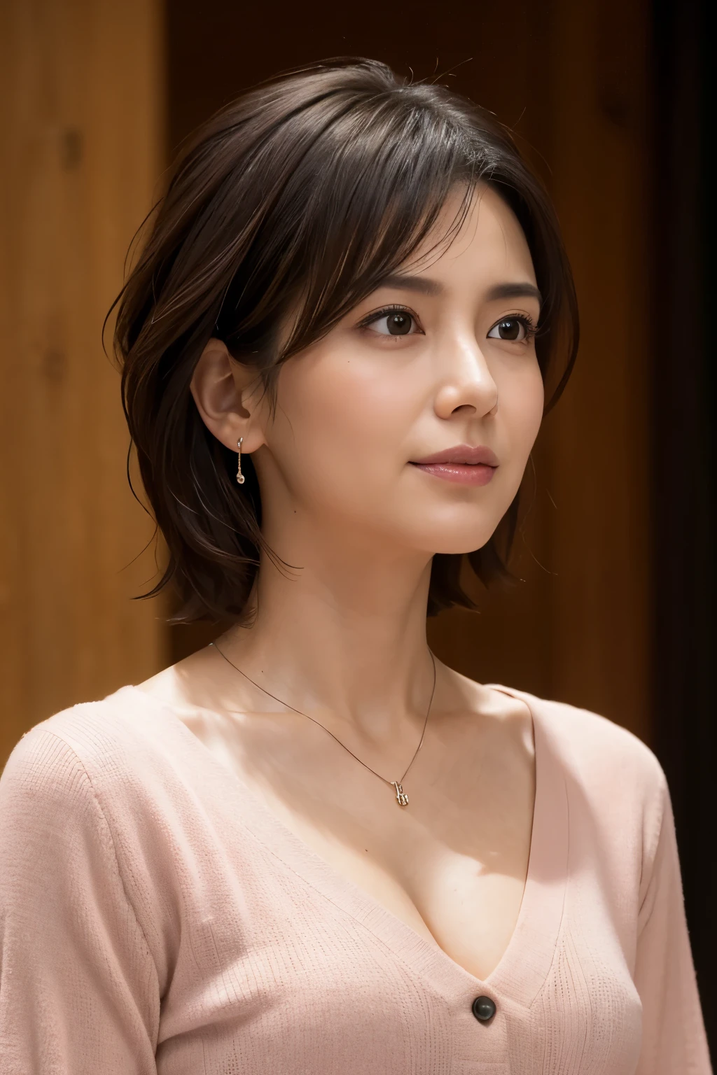 (In 8K, highest quality, masterpiece:1.2), (realistic, Photoreal:1.37), super detailed, Natural light, medium chest, I can see the cleavage, 1 person, 35 year old female, black hair, short hair, (Look up at the viewer from below), pendant, Light pink light knit V-neck shirt, At the time of the performance, highly detailed face and skin, detailed eye, highly detailed face and skin
