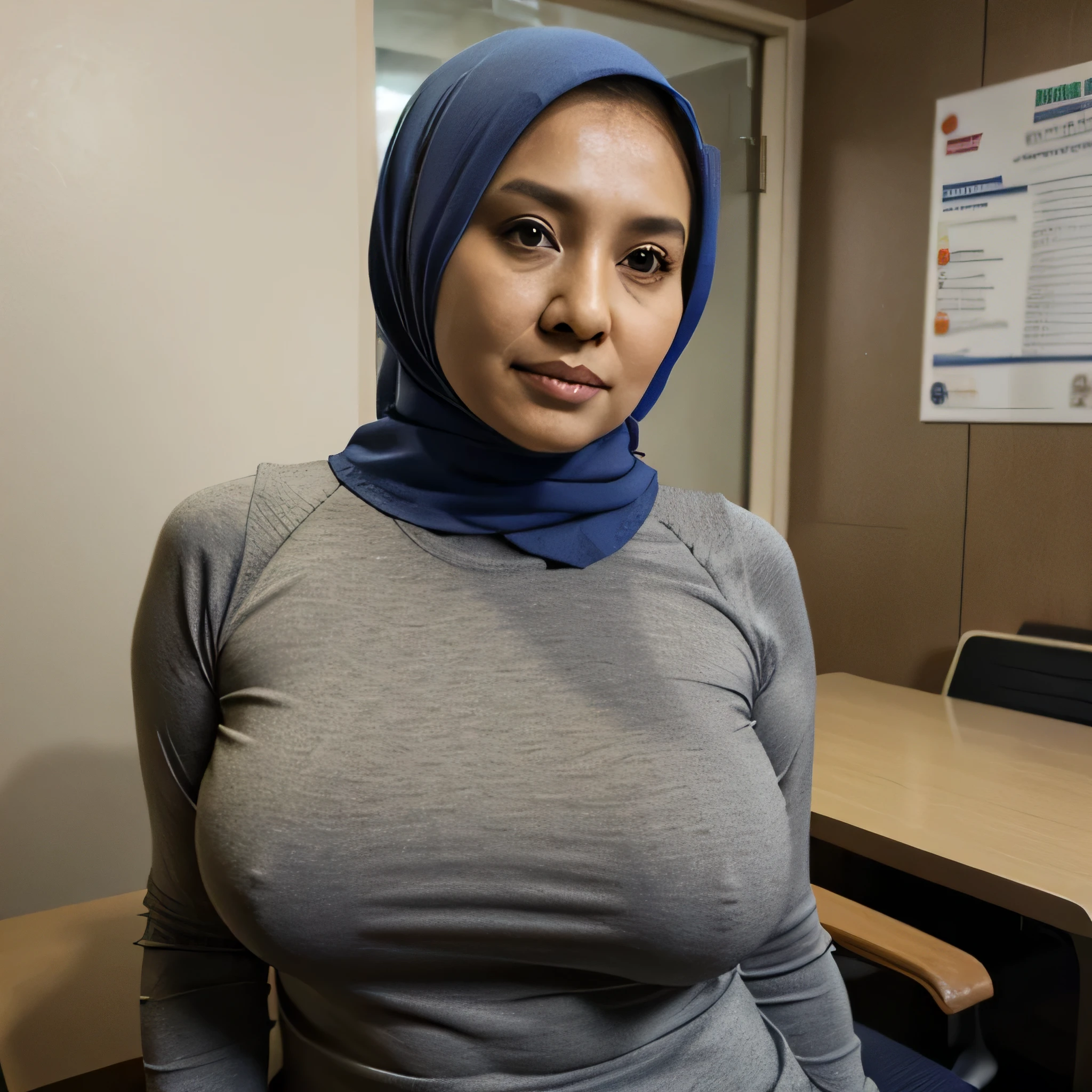 70 years Old, Hijab Indonesian mature woman, Big Mature Tits : 38.9, Tight T-shirt Sazly, Curvy body, at doctor office, light, at morningtime