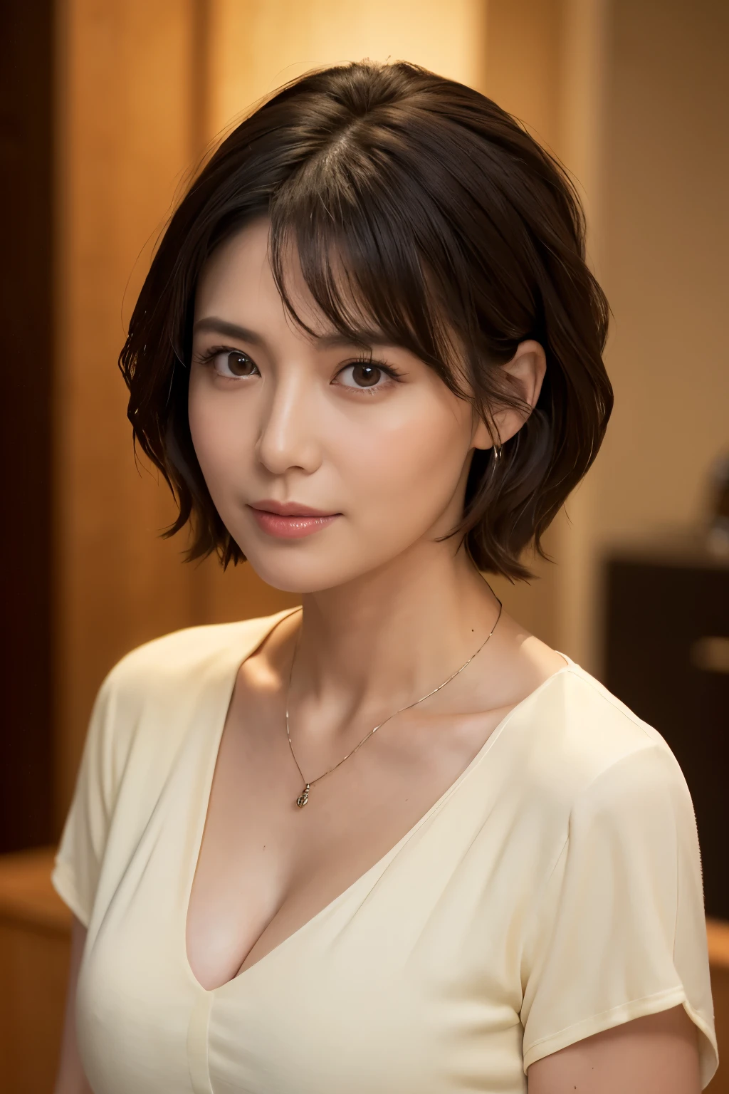 (In 8K, highest quality, masterpiece:1.2), (realistic, Photoreal:1.37), super detailed, Natural light, medium chest, I can see the cleavage, 1 person, 35 year old female, black hair, short hair, (Look up at the viewer from below), pendant, Light yellow light knit V-neck shirt, At the time of the performance, highly detailed face and skin, detailed eye, highly detailed face and skin