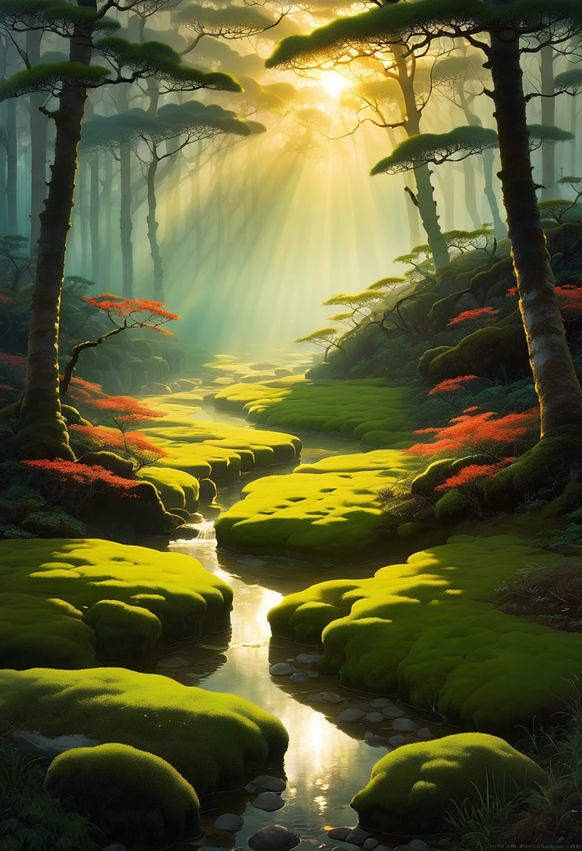 「返景入deep forest，Shining on the moss」The afterglow of the setting sun penetrates the dense shadow of the dense forest，shining on the moss。deep forest，本來就dark，The moss under the trees in the forest grows in dark and moist places，Moss survives because thick trees block sunlight，And at this moment the sun sets over the west mountain，The sun becomes softer，Moss deep in the dense forest。The poem highlights a kind of tranquility、dark、ethereal atmosphere。Create an obviously strong Tyndall effect, light and space, forest ray, 
