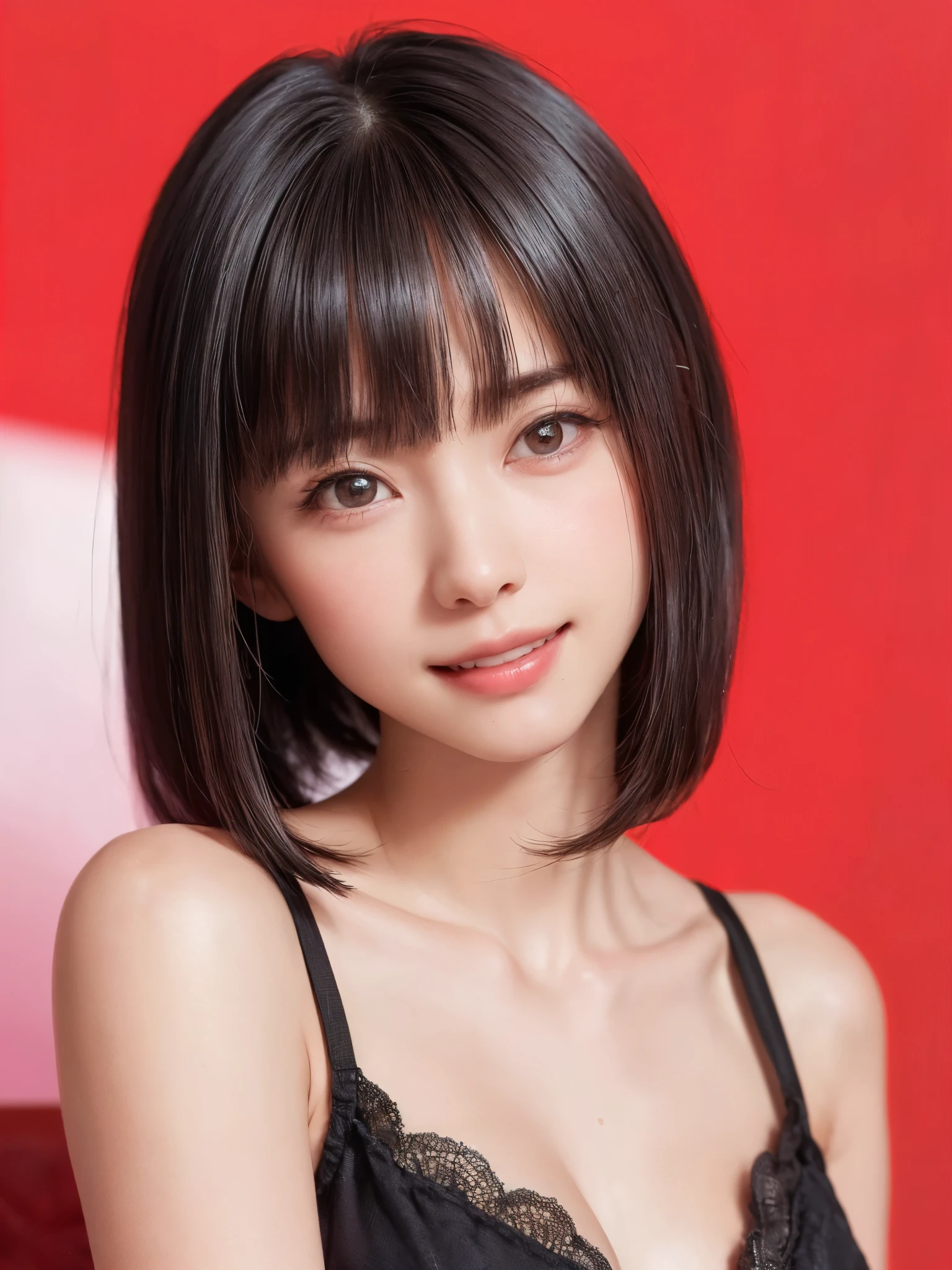 (table top, highest quality、ultra high resolution、face focus focus、focus on the sides、navel focus、decolletage focus、very attractive beauty、Adds intense highlights to the eyes、look closely at the camera:1.4、Absolutely beautiful bangs:1.4、Brunette short bob hair with bangs:1.4),1 girl, Report, black haired, realistic, looking at the viewer, pale black eyes, short hair, lips, lip gloss, Upper body、Big eyes、eyelash)、((italian natural background、hyper real stick:1.4))、((short hair with bangs:1.4、Beautiful bangs with 46 points:1.4、{Huge|big|Hugeな|mega} chest:2, cleavage:2、Big eyes、Give students very powerful highlights、very bigger chest、look at the audience、very beautiful beauty、show me your ears、beautiful long neck、beautiful decollete、smile、A smilee　beautiful teeth、Open your mouth and smilee))、28 years old、very cute super model、perfect anatomy