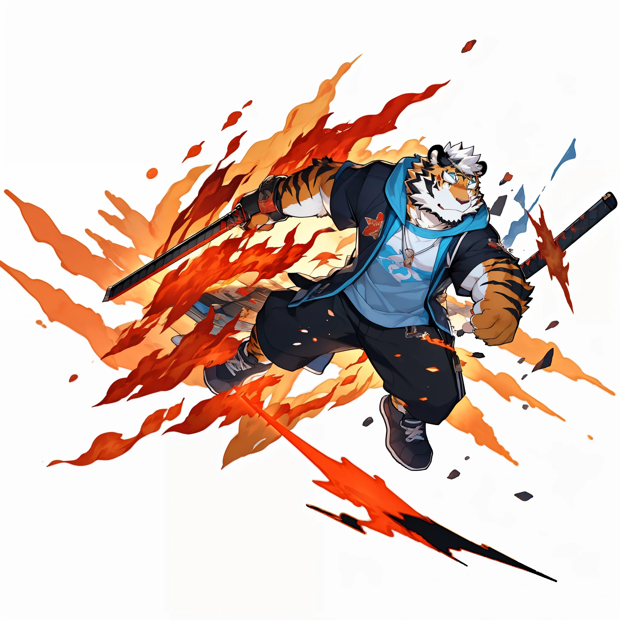 masterpiece, furry, furry tiger, orange fur, white hair, ((short sleeves blue hoodie coat)), ((black t-shirt inside)), hold gun on one hand and a saber katana in other hand, red saber katana, red laser gun, shorts cargo, sporting shoes, splash art, kosutora, mature, wind, slashes, shooting, white background, fantasy , attacking, (((white background))), splash art, full body, red aura, red flame, gacha splash art, splash art, more_details:1.5, magic, destruction,