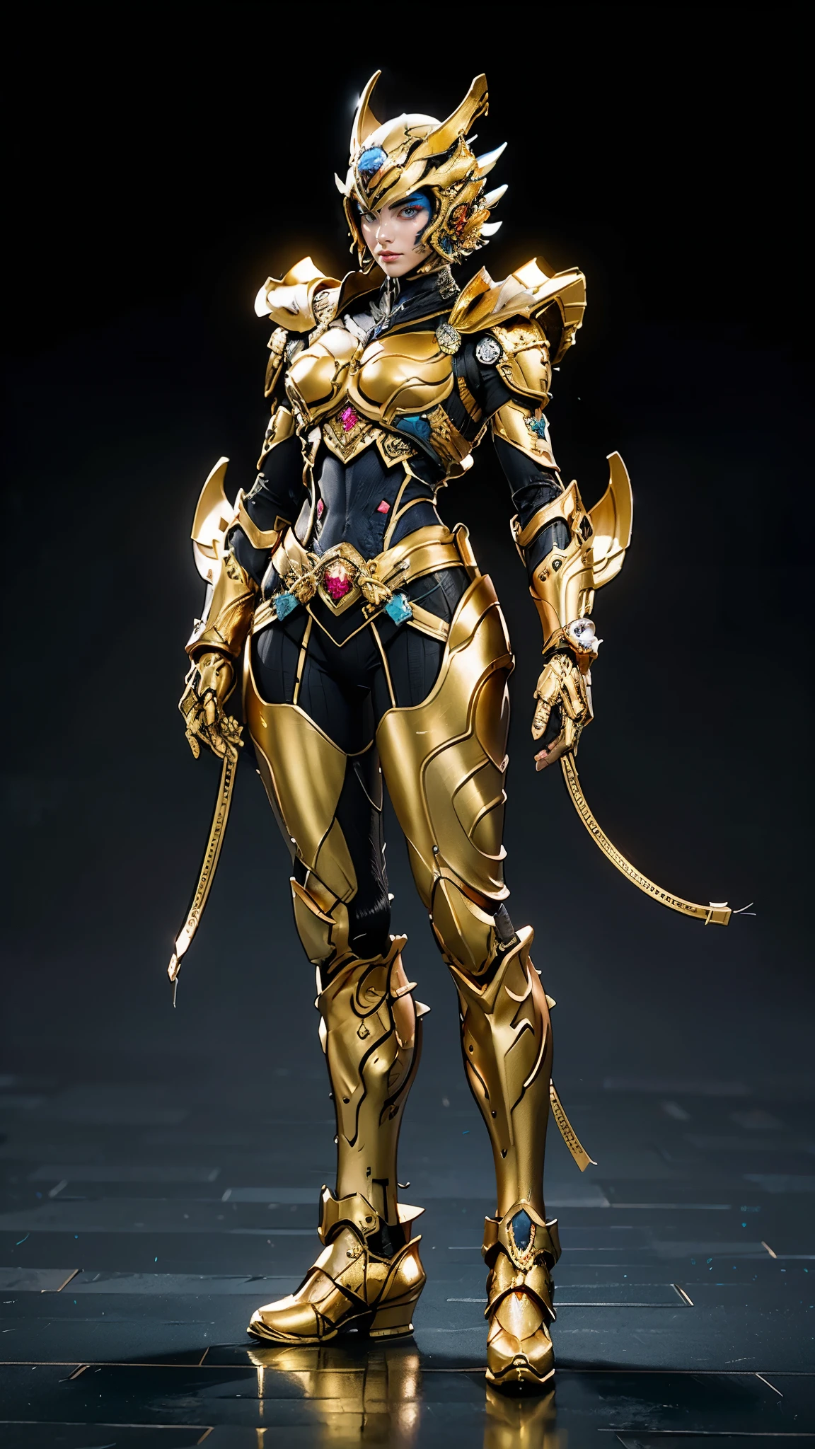 A woman adorned in fantasy-style full-body armor, a crown-concept fully enclosed helmet that unveils only her eyes, a composite layered chest plate, fully encompassing shoulder and hand guards, a lightweight waist armor, form-fitting shin guards, the overall design is heavy-duty yet flexible, ((the armor gleams with a golden glow, complemented by red and blue accents)), exhibiting a noble aura, she floats above the Futuristic city, this character embodies a finely crafted fantasy-surreal style armored hero in anime style, exquisite and mature manga art style, (Tiger concept Armor, photorealistic:1.4, real texture material:1.2), ((city night view, elegant, goddess, femminine:1.5)), metallic, high definition, best quality, highres, ultra-detailed, ultra-fine painting, extremely delicate, professional, anatomically correct, symmetrical face, extremely detailed eyes and face, high quality eyes, creativity, RAW photo, UHD, 32k, Natural light, cinematic lighting, masterpiece-anatomy-perfect, masterpiece:1.5