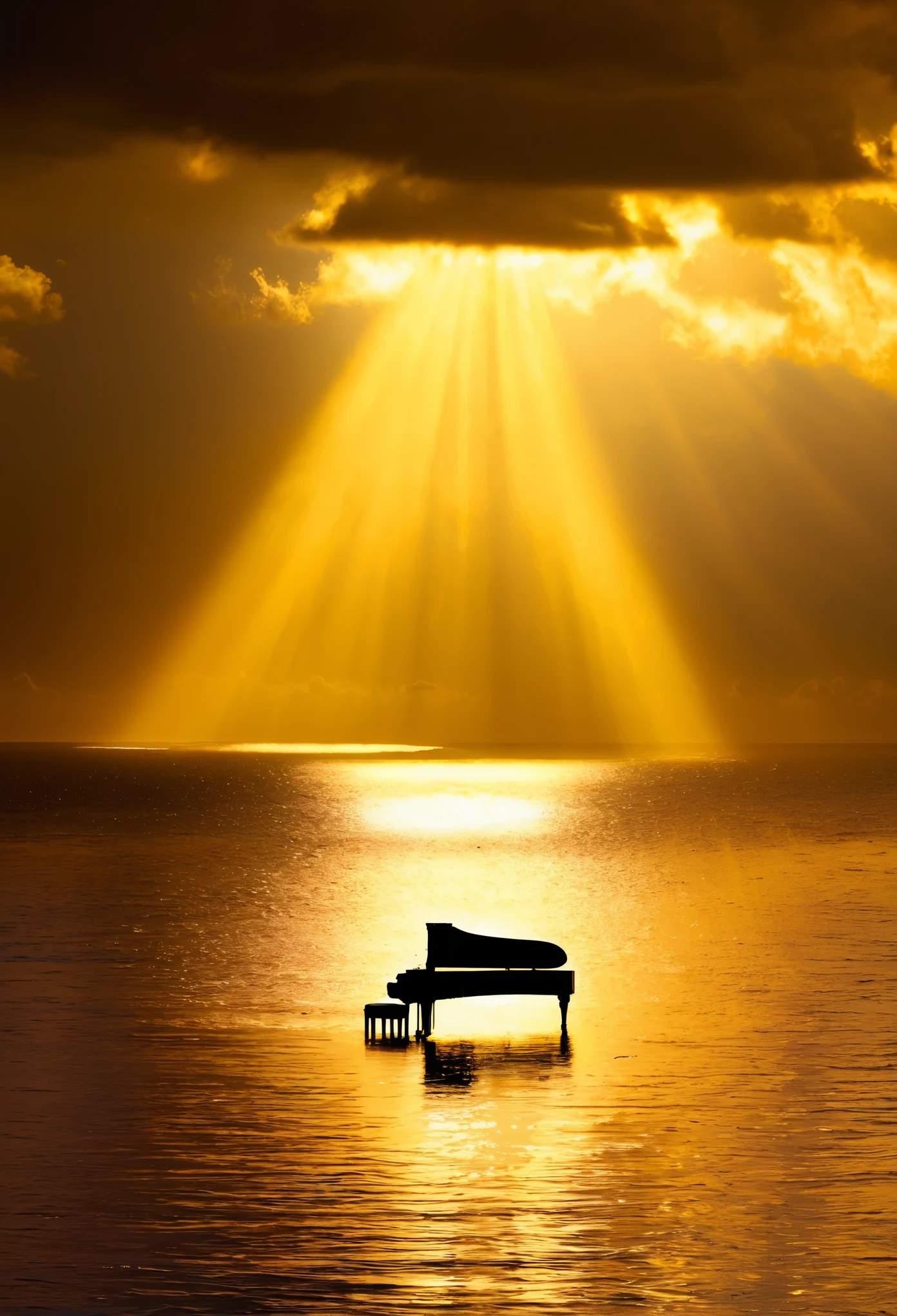 a dark sky with a light shining through it, in the style of romantic seascapes, light brown and gold, flickr, god rays, associated press photo, jan van ravesteyn, dark yellow and silver,There is a piano on the small island in the center of the sea