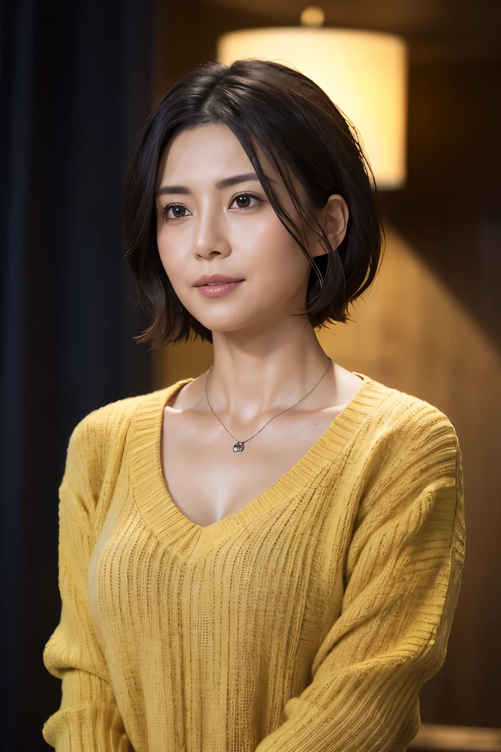 (In 8K, highest quality, masterpiece:1.2), (realistic, Photoreal:1.37), super detailed, Natural light, medium chest, I can see the cleavage, 1 person, 35 year old female, black hair, short hair, (Look up at the viewer from below), pendant, Light yellow light knit V-neck shirt, At the time of the performance, highly detailed face and skin, detailed eye, highly detailed face and skin