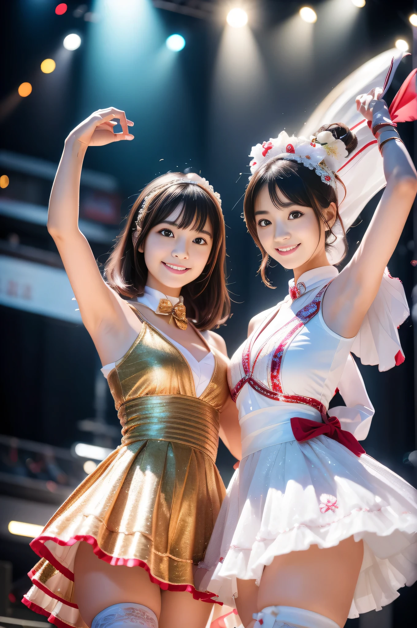 Popular idol concert,Wearing an idol costume:luxurious costume:red and gold and white,Sparkling,sequins,lame,ribbon,hair ornaments,shine,Background of the concert venue, Second time&#39;Tzuyu, Young and cute idol,, cowboy shot, medium long,Refreshing young Japanese woman, cute idol sculpture, 🚿🗝📝, young idol, young slender idol, smile, nffsw, table top, award-winning, 8k, highest quality, smile refreshingly, Haruka Ayase, Assist々Kiki, Kana Hashimoto, Mai Shiraishi, Nishino Nanase, Mei Watanabe, Yuki Yoda, Assist々xylophone, Aoi Miyazaki, Yuko Takeuchi, Yuki Uchida, Suzu Hirose, Aya Ueto, award-winning, nffsw, table top,, japanese model, Realistic young idol, anatomically correct, In 8K