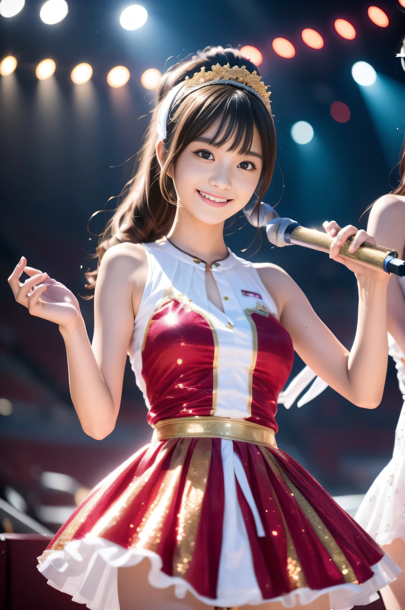 Popular idol concert,Wearing an idol costume:luxurious costume:red and gold and white,Sparkling,sequins,lame,ribbon,hair ornaments,shine,Background of the concert venue,Concert venue lighting,beautiful light and shadow, Second time&#39;Tzuyu, Young and cute idol,, cowboy shot, medium long,Refreshing young Japanese woman, cute idol sculpture, 🚿🗝📝, young idol, young slender idol, smile, nffsw, table top, award-winning, 8k, highest quality, smile refreshingly, Haruka Ayase, Assist々Kiki, Kana Hashimoto, Mai Shiraishi, Nishino Nanase, Mei Watanabe, Yuki Yoda, Assist々xylophone, Aoi Miyazaki, Yuko Takeuchi, Yuki Uchida, Suzu Hirose, Aya Ueto, award-winning, nffsw, table top,, japanese model, Realistic young idol, anatomically correct, In 8K