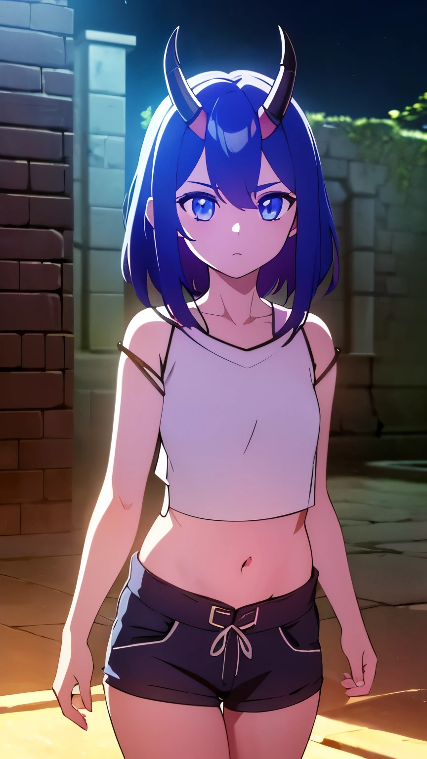 1 girl ,(big Stigmata), non binary, androgynous, School courtyard, (floating hair), ((in courtyard fountain)), character focus, ((black light)),((dark lighting)), cinematic lighting ,(darkness), (concept art), ((innocent face)), blue short straight hair, light blue hair color, dragonoid girl, short, short blue hairy, glowing bluish-purple horns, bluey-purple eye color, (glowing eyes), high resolution,(incredibly absurdres) ,extremely detailed CG unity 8k wallpaper, ((masterpiece)), ((top-quality)), (beautiful illustration), ((an extremely delicate and beautiful)), (masterpiece, Best quality, ultra high resolution), 1 girl, pale skin, Black Crown, purple eyes, Luminous_eyes, neon blue eyes, ultra detailed eyes, Beautiful and detailed face, detailed eyes, (Centered, torso), (wide shot:0.9), facing the viewer, Eye level, flat chested, flat chest, cup size AAA, Wearing black cargo shorts, sharp horns, blue horns on top of head,