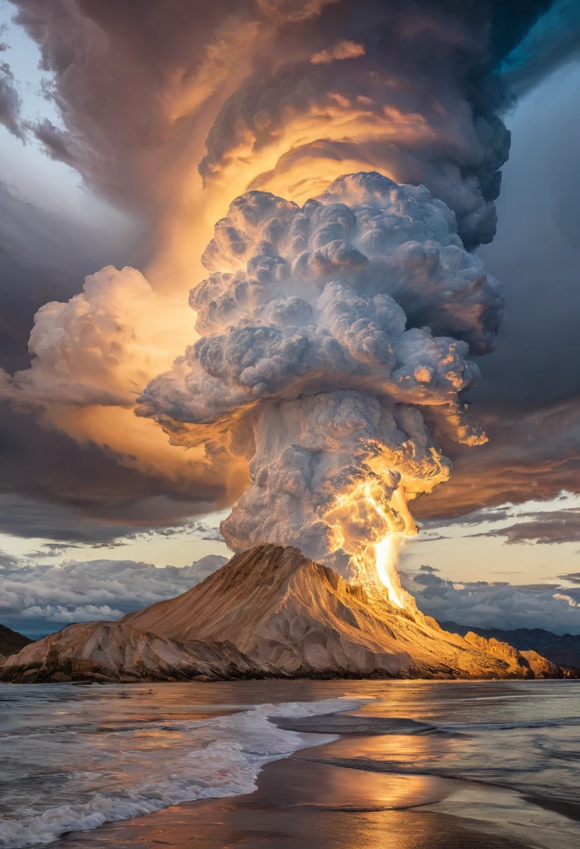Epic movie poster，a volcano erupts，（Partially submerged shots：1.2），（swell sea：0.9），Desert island background，palmeiras，sea beach，Fluffy clouds in the sky，outrun，vaporization，trendding on artstation，The is very detailed，finedetail，iintricate，（lens flare glow：0.9），（The light from the back window is backlighted：0.9），（Halo：0.9），[Style-Micro :: 10]