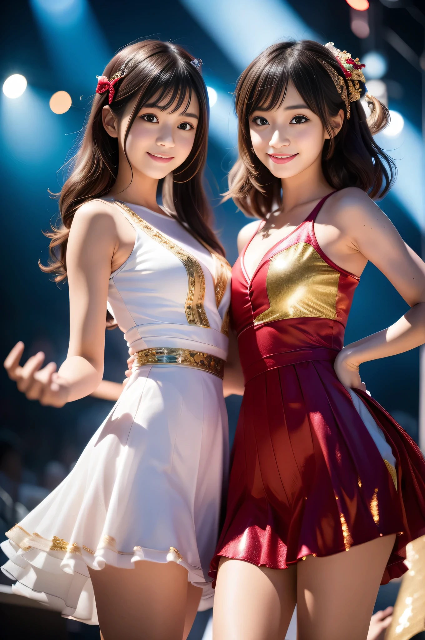 Popular idol concert,Wearing an idol costume:luxurious costume:red and gold and white,Sparkling,sequins,lame,ribbon,hair ornaments,shine,Background of the concert venue,Concert venue lighting,beautiful light and shadow, Second time&#39;Tzuyu, Young and cute idol,, cowboy shot, medium long,Refreshing young Japanese woman, cute idol sculpture, 🚿🗝📝, young idol, young slender idol, smile, nffsw, table top, award-winning, 8k, highest quality, smile refreshingly, Haruka Ayase, Assist々Kiki, Kana Hashimoto, Mai Shiraishi, Nishino Nanase, Mei Watanabe, Yuki Yoda, Assist々xylophone, Aoi Miyazaki, Yuko Takeuchi, Yuki Uchida, Suzu Hirose, Aya Ueto, award-winning, nffsw, table top,, japanese model, Realistic young idol, anatomically correct, In 8K