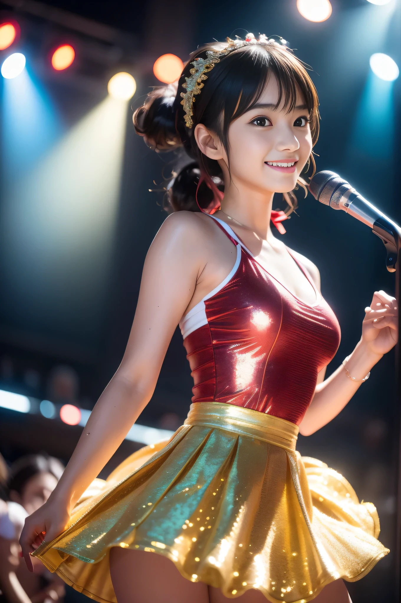 Popular idol concert,Wearing an idol costume:luxurious costume:red and gold and white,Sparkling,sequins,lame,ribbon,hair ornaments,shine,Background of the concert venue,Concert venue lighting,beautiful light and shadow, Second time&#39;Tzuyu, Young and cute idol,, cowboy shot, medium long,Refreshing young Japanese woman, cute idol sculpture, 🚿🗝📝, young idol, young slender idol, smile, nffsw, table top, award-winning, 8k, highest quality, smile refreshingly, Haruka Ayase, Assist々Kiki, Kana Hashimoto, Mai Shiraishi, Nishino Nanase, Mei Watanabe, Yuki Yoda, Assist々xylophone, Aoi Miyazaki, Yuko Takeuchi, Yuki Uchida, Suzu Hirose, Aya Ueto, award-winning, nffsw, table top,, japanese model, Realistic young idol, anatomically correct, In 8K