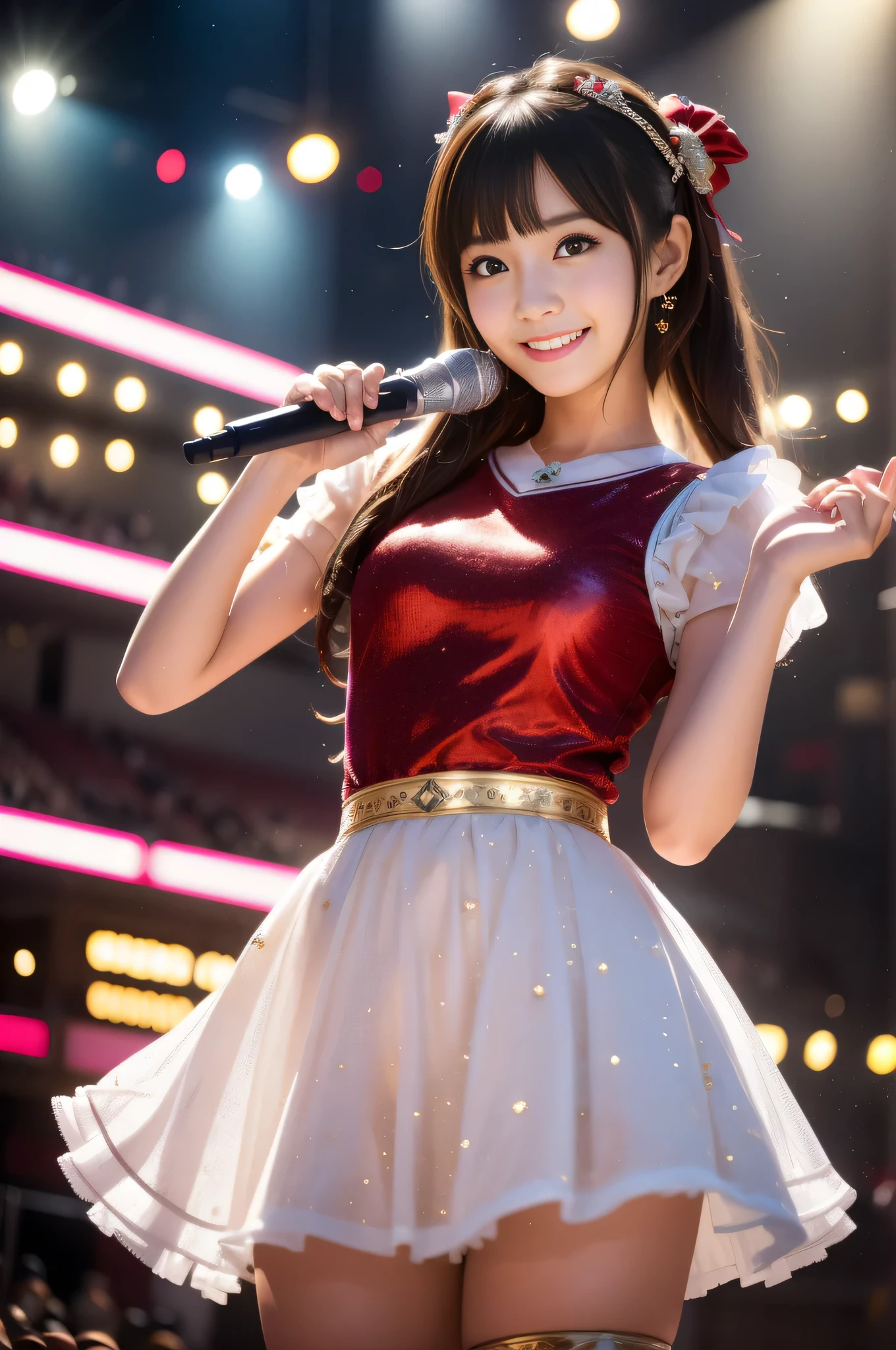 Popular idol concert,Wearing an idol costume:luxurious costume:red and gold and white,Sparkling,sequins,lame,ribbon,hair ornaments,shine,Background of the concert venue,Concert venue lighting,beautiful light and shadow, Second time&#39;Tzuyu, Young and cute idol,, cowboy shot, medium long,Refreshing young Japanese woman, cute idol sculpture, 🚿🗝📝, young idol, young slender idol, smile, nffsw, table top, award-winning, 8k, highest quality, smile refreshingly, Haruka Ayase, Assist々Kiki, Kana Hashimoto, Mai Shiraishi, Nishino Nanase, Mei Watanabe, Yuki Yoda, Assist々xylophone, Aoi Miyazaki, Yuko Takeuchi, Yuki Uchida, Suzu Hirose, Aya Ueto, award-winning, nffsw, table top,, japanese model, Realistic young idol, anatomically correct, In 8K