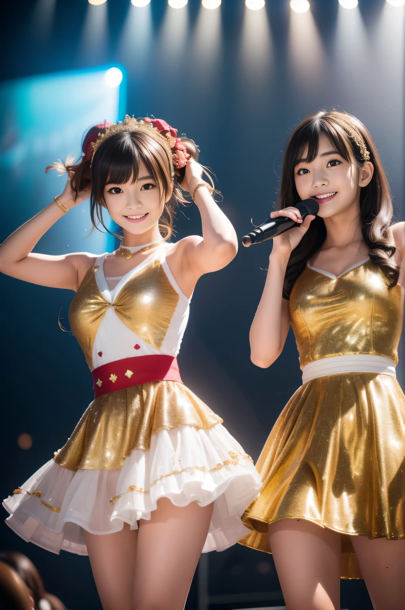 Popular idol concert,Wearing an idol costume:luxurious costume:red and gold and white,Sparkling,sequins,lame,ribbon,hair ornaments,shine,Background of the concert venue,Concert venue lighting,beautiful light and shadow, Second time&#39;Tzuyu, Young and cute idol,, cowboy shot, medium long,Refreshing young Japanese woman, cute idol sculpture, 🚿🗝📝, young idol, young slender idol, smile, nffsw, table top, award-winning, 8k, highest quality, smile refreshingly, Haruka Ayase, Assist々Kiki, Kana Hashimoto, Mai Shiraishi, Nishino Nanase, Mei Watanabe, Yuki Yoda, Assist々xylophone, Aoi Miyazaki, Yuko Takeuchi, Yuki Uchida, Suzu Hirose, Aya Ueto, award-winning, nffsw, table top,, japanese model, Realistic young idol, anatomically correct, In 8K