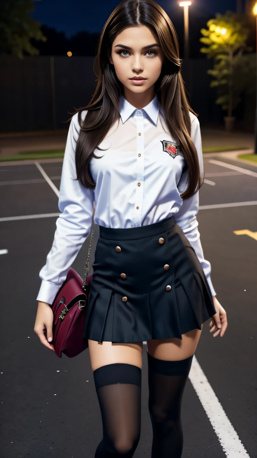 very very very sexy girl, brunette hair, parted hair style, 18 years old, wearing school uniform, holding a school bag, school skirt, knee high stocking, full body shot, body focus, night time vibes, out side, stars showing, basketball court background, standing under street light,  