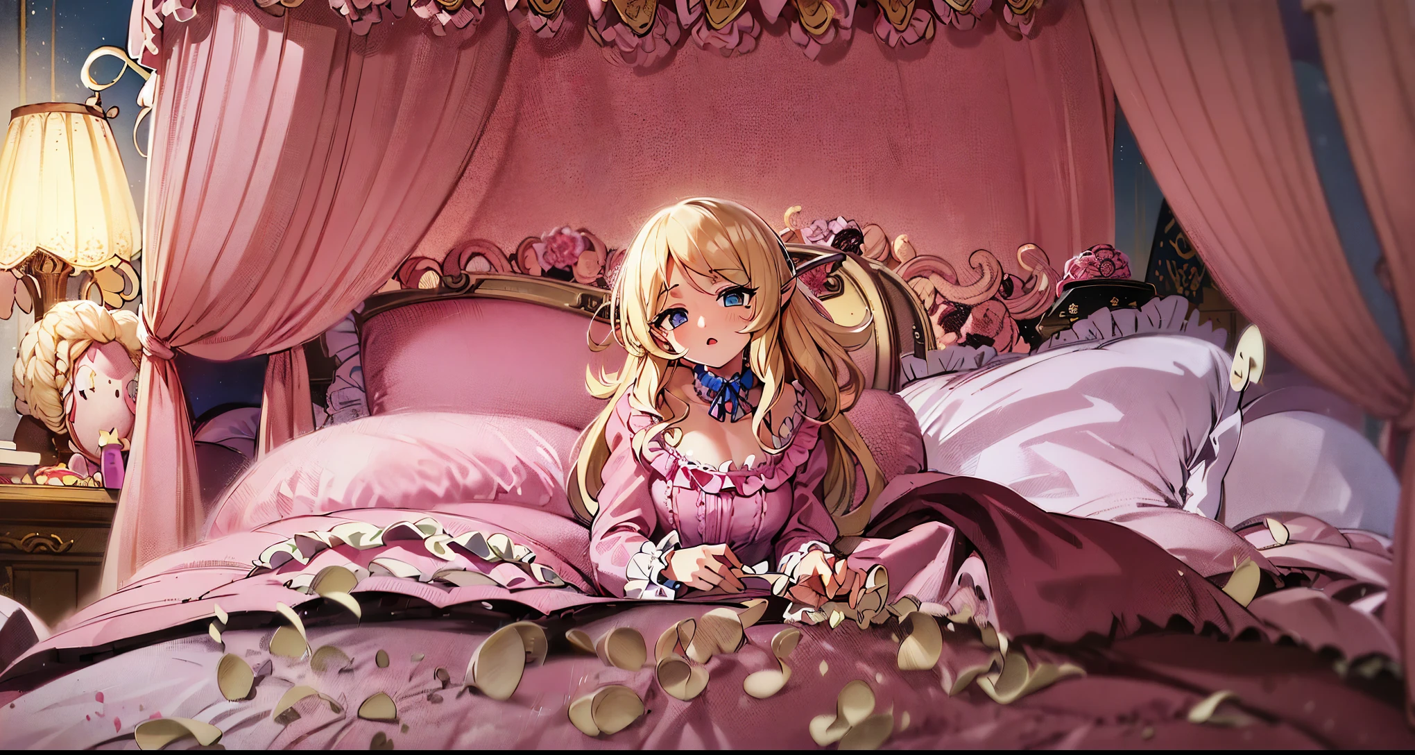 ,highest quality, masterpiece, highest resolution, artwork, super それにget used to it, many get used to it, get used to it, それにget used to it, 3K 90s anime illustration,(( 10 year old girl)),Super detailed baby face,high quality small face,long blonde hair that grows to the waist,blue eyes,白い肌のeuropean,pajamas, european,(((super long blonde hair))),curly hair,blue eyes,((((ピンクのロリータファッションのlong skirtのワンピースドレス)))),((Pink nightgown with lots of frills and ribbons)),((Luxurious headdress with frills and ribbons)),detailed headdress,,(((big yoke collar))),Yoke collar with ruffles and ribbons,((((long sleeve)))),ruffle sleeves,((((long skirt)))),white ruffle and lace socks,large frill and ribbon pillow,(((Nice pink outfit))),豪華なcanopy bedの上,canopy bed,The bed is surrounded by luxurious curtains,many frilly pillows on the bed,There are many frilly pillows behind the girl.,super detailed background,detailed bed,soft pink comforter,Highly detailed soft ruffle pillow,Beautiful girl illustration,detailed beautiful face,fine hair,detailed eye ,detailed eyes,detailed mouth, arm details,fine hands,Detailed pillow,wide bed,Illustration on the bed, ,((((round futon)))),((((A large ruffled futon that covers the entire bed)))),detailed comforter,detailed bedシーツ,Before bedtime,romantic atmosphere,palace bedroom,((((The lower half of the body is completely covered by a large, bulging futon..)))) The girl is leaning on a pile of pillows, ,((((round futon)))),((((A large ruffled futon that covers the entire bed)))),A stuffed animal is placed on the desk next to the bed.,((An antique lamp stand is placed on the desk next to the bed.)),