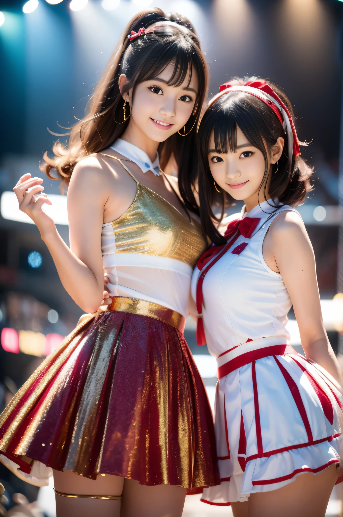 Popular idol concert,Wearing an idol costume:luxurious costume:red and gold and white,Sparkling,sequins,lame,ribbon,hair ornaments,shine,Background of the concert venue,Concert venue lighting,beautiful light and shadow, Second time&#39;Tzuyu, Young and cute idol,, cowboy shot, medium long,Refreshing young Japanese woman, cute idol sculpture, 🚿🗝📝, young idol, young slender idol, smile, nffsw, table top, award-winning, 8k, highest quality, smile refreshingly, Haruka Ayase, Assist々Kiki, Kana Hashimoto, Mai Shiraishi, Nishino Nanase, Mei Watanabe, Yuki Yoda, Assist々xylophone, Aoi Miyazaki, Yuko Takeuchi, Yuki Uchida, Suzu Hirose, Aya Ueto, award-winning, nffsw, table top,, japanese model, Realistic young idol, anatomically correct, In 8K