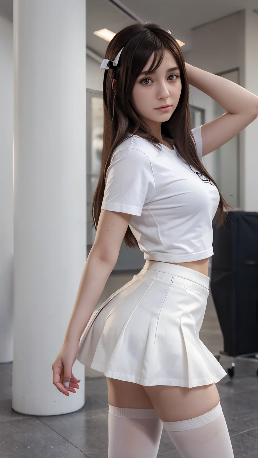 Arad woman posing for photo in short skirt and white shirt, Surrealism female students, Surrealism female students, Realistic , photorealistic anime girl rendering, thighhighs and skirt, 3 d anime realistic, small curvaceous , wearing skirt and high socks, Photorealistic anime, cute female student, Realistic anime 3 D style, female student