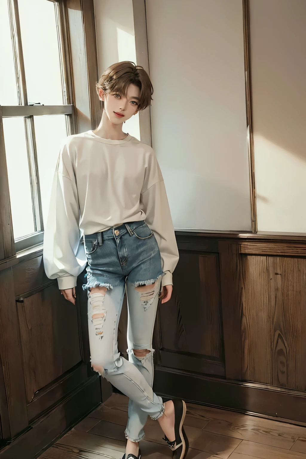 ((4K workasterpiece、(top quality)、((high image quality))、((One courageous boy))、slender body、((Denim Fashion))、(detailed beautiful eyes)、window、The face is similar to Chaewon in Ruseraphim.、((short hair above the ears))、((Smaller face))、((Neutral person))、((Light brown eyes))、((Korean boy))、((18 year old))、((handsome))、((Smiling expression))、((Korean Makeup))、((elongated and sharp eyes))、((photo of a model looking at the camera from the front))、professional photos、((Shot Alone))、((full body photography))、((standing model pose))