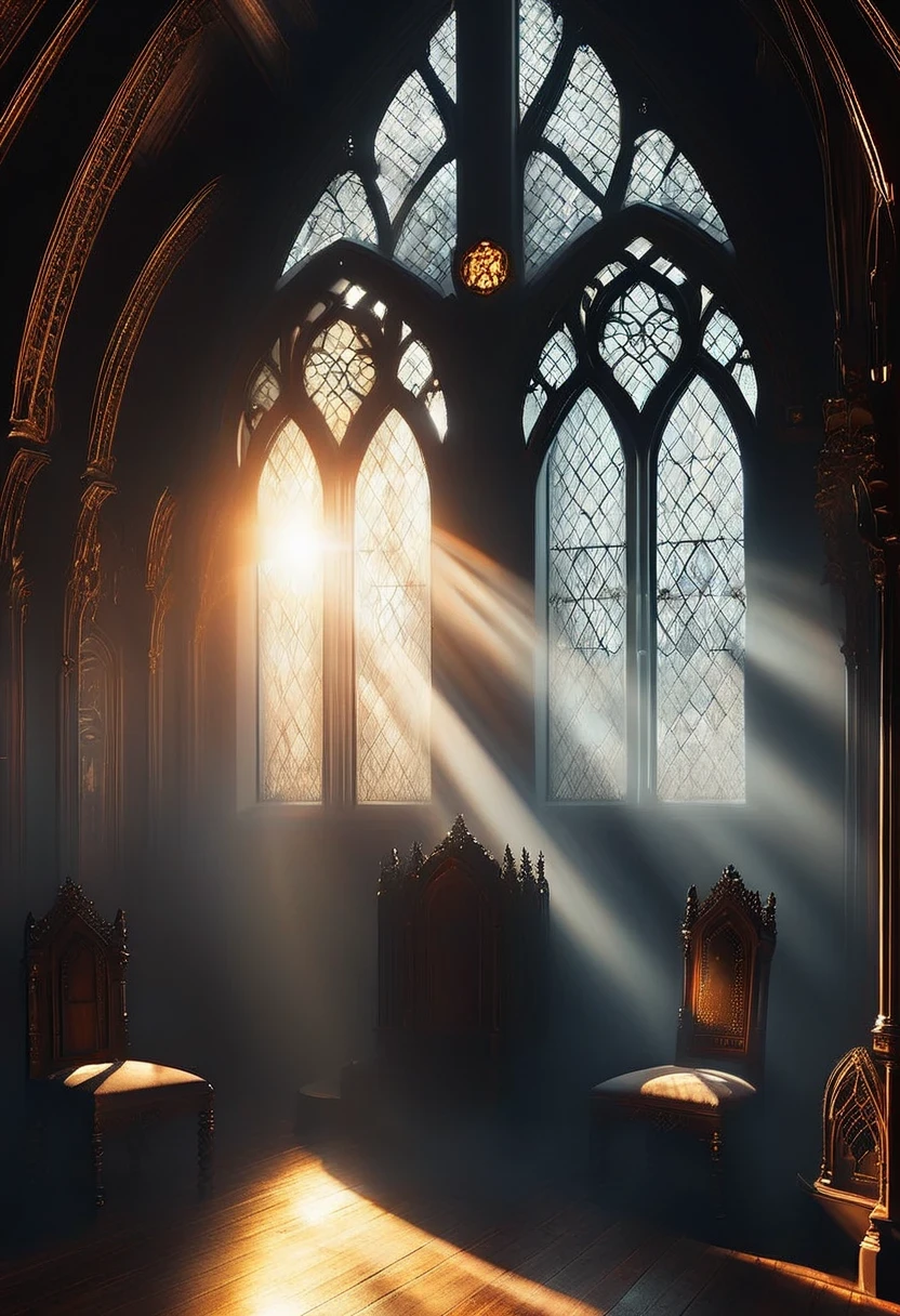 (Tyndall effect:1.8)，Sunlight shines through the glass，visible light，Holy Light，top light，Gothic throne，gothic style，mysterious atmosphere，detailed details，smoke space，dark gothic hall