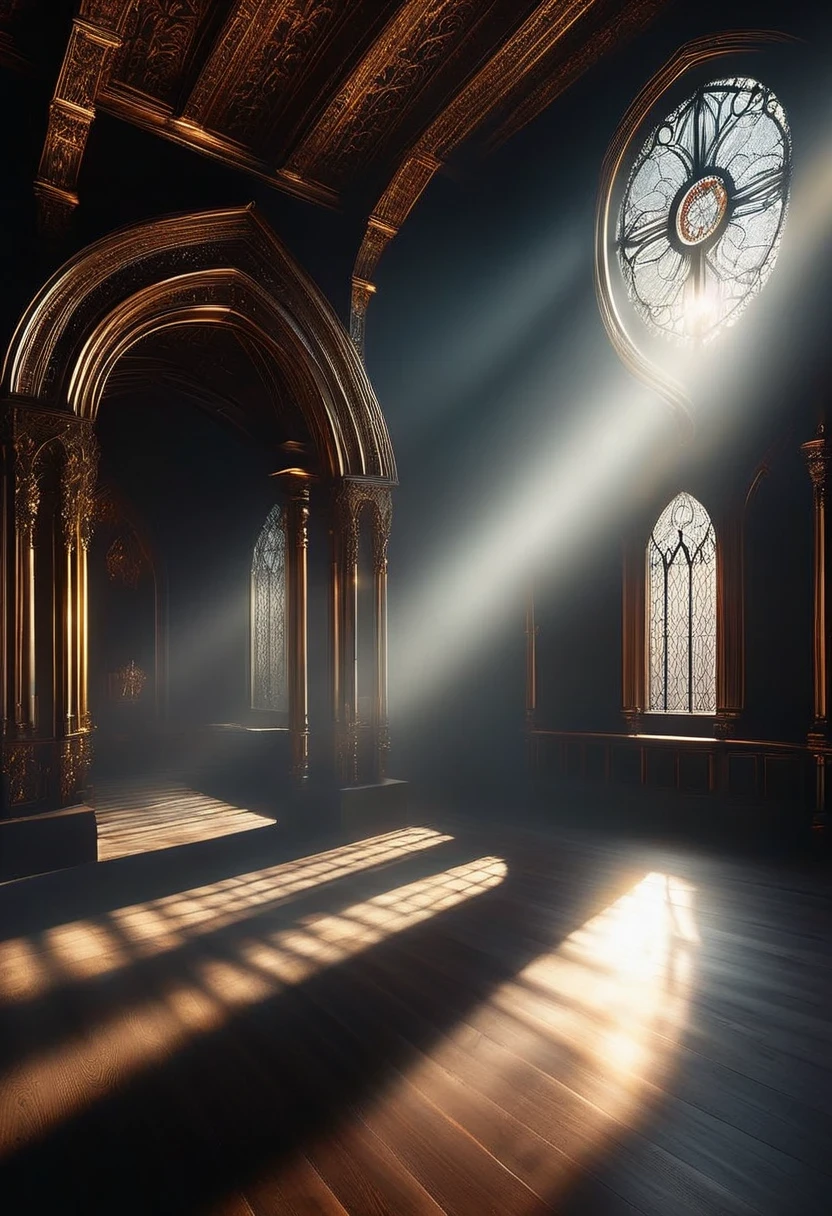 (Tyndall effect:1.8),Sunlight shines through the glass,visible light,Holy Light,top light,Gothic throne,gothic style,mysterious atmosphere,detailed details,smoke space,dark gothic hall
