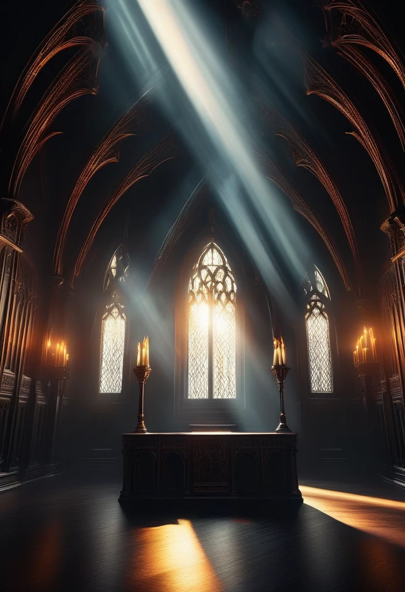 (Tyndall effect:1.8),Sunlight shines through the glass,visible light,Holy Light,top light,Gothic throne,gothic style,mysterious atmosphere,detailed details,smoke space,dark gothic hall