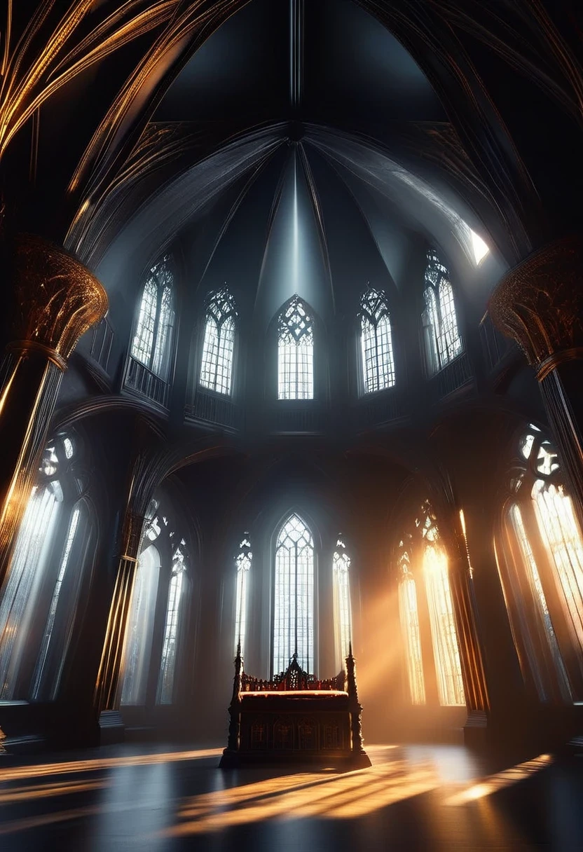 (Tyndall effect:1.8),Sunlight shines through the glass,visible light,Holy Light,top light,Gothic throne,gothic style,mysterious atmosphere,detailed details,smoke space,dark gothic hall