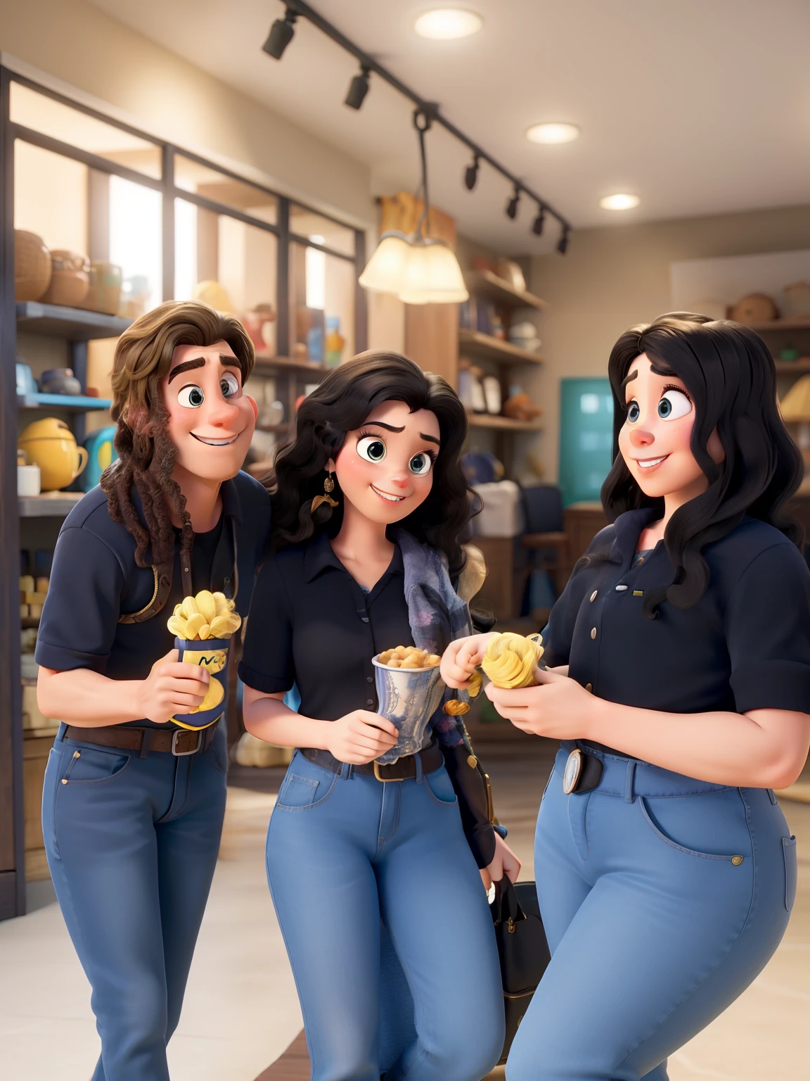 Obra-prima ao estilo Disney/Pixar in high quality and high resolution. The woman in the front is blonde and the man has black hair.