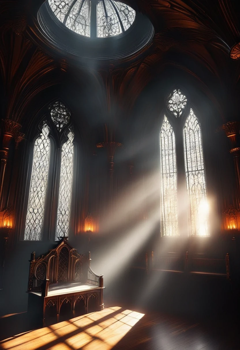 (Tyndall effect:1.8),Sunlight shines through the glass,visible light,Holy Light,top light,Gothic throne,gothic style,mysterious atmosphere,detailed details,smoke space,dark gothic hall